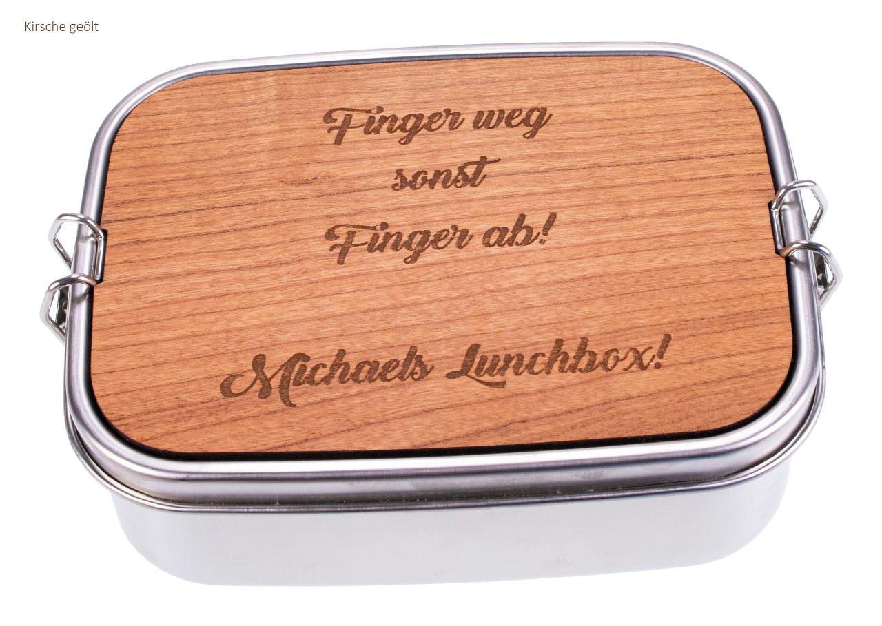 Lunchbox aus Edelstahl und Holz mit individueller Gravur Finger weg sonst Finger ab