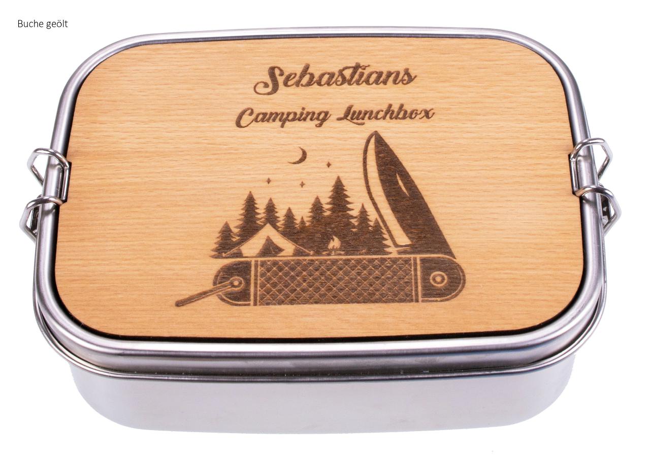 Lunchbox aus Edelstahl und Holz mit individueller Gravur Camping Lunchbox Outdoor