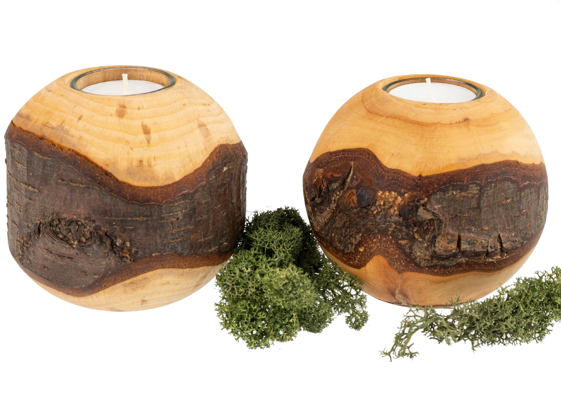 Gedrechselte Holzkugel mit Glas und Teelicht - Erle geölt mit Rinde ca. 9 cm
