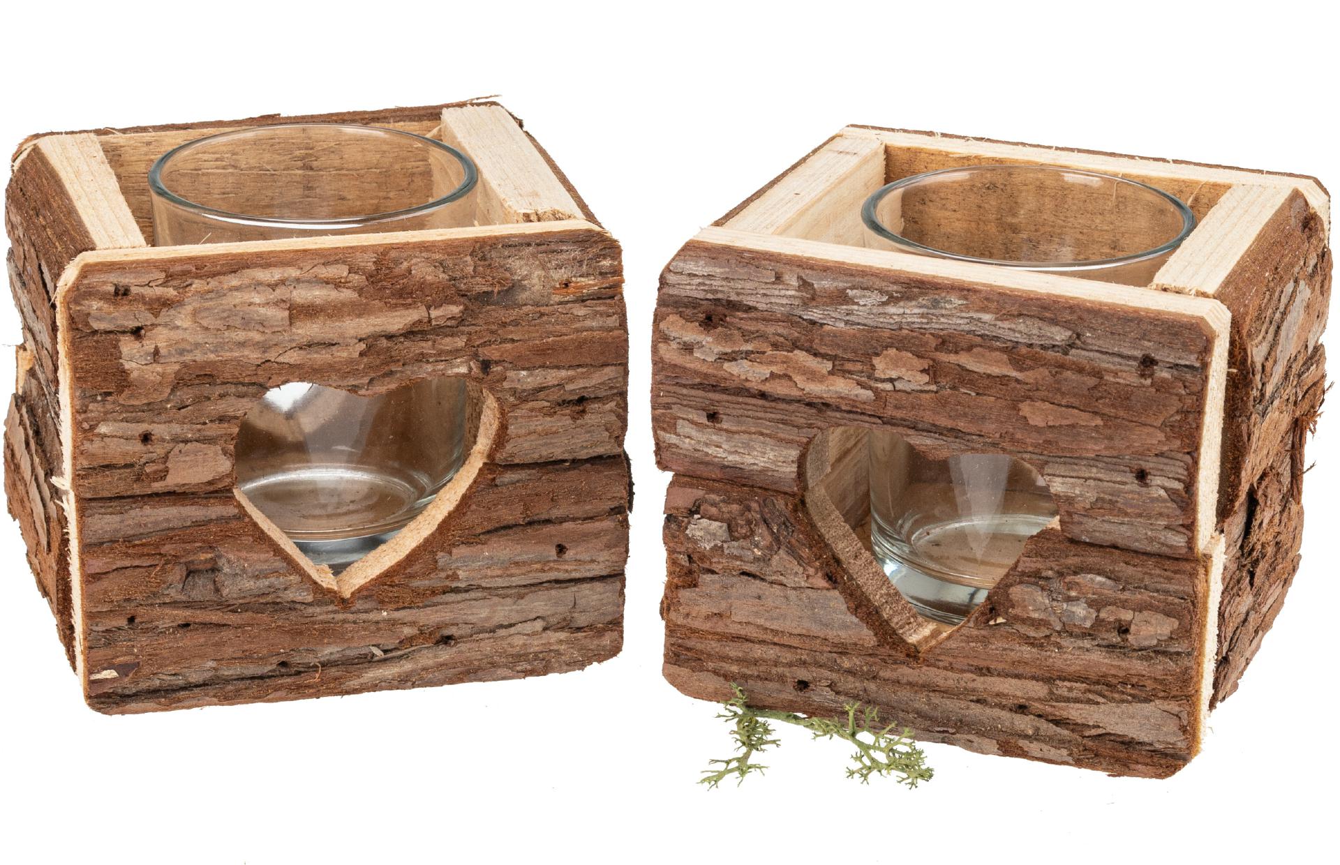Rustikales Holz Windlicht mit Rinde - 9 x 9 cm für gemütliche Atmosphäre Herz