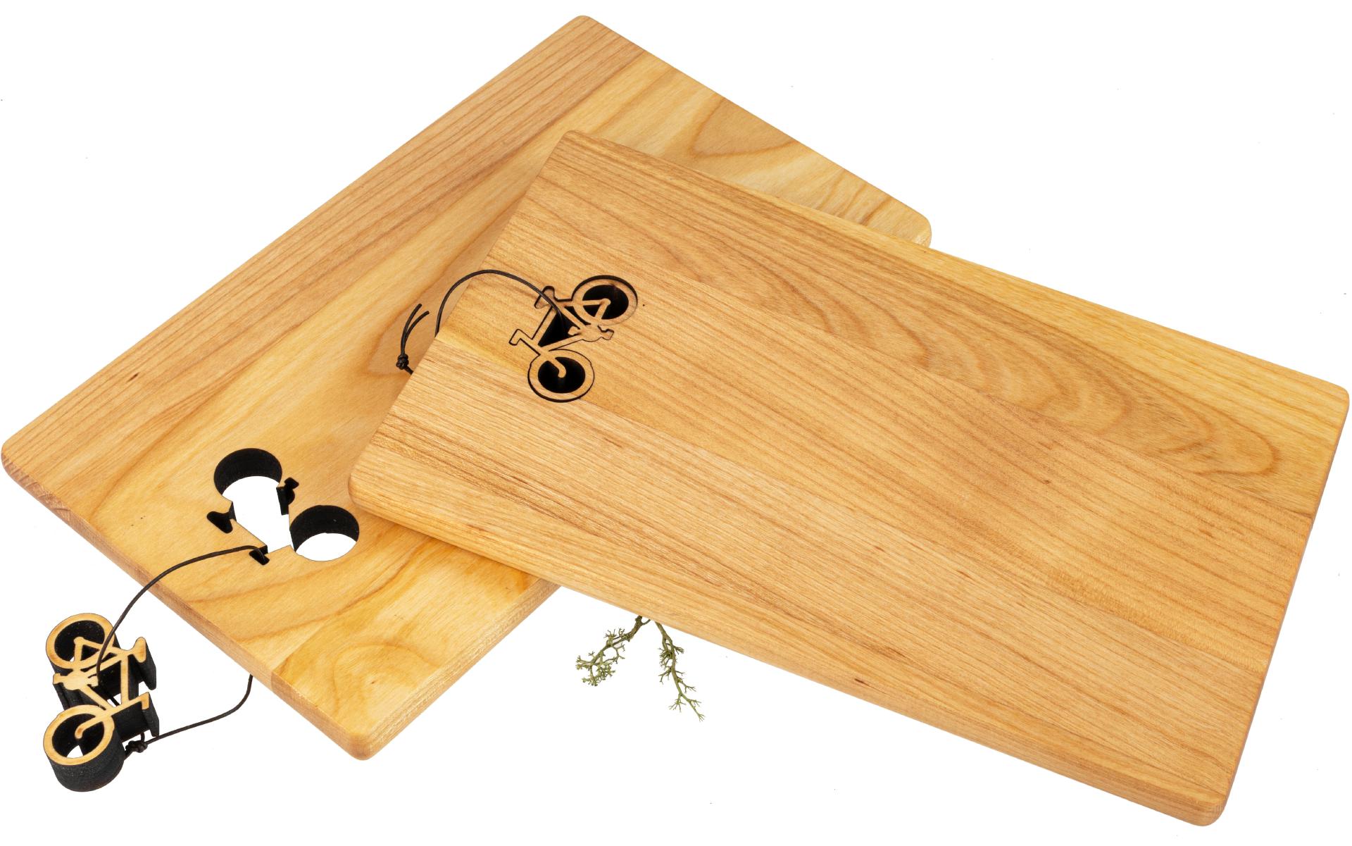 Schneidebrett - Kirsche geölt - 30 x 18 x 1,5 cm - Fahrrad an Lederband FSC®