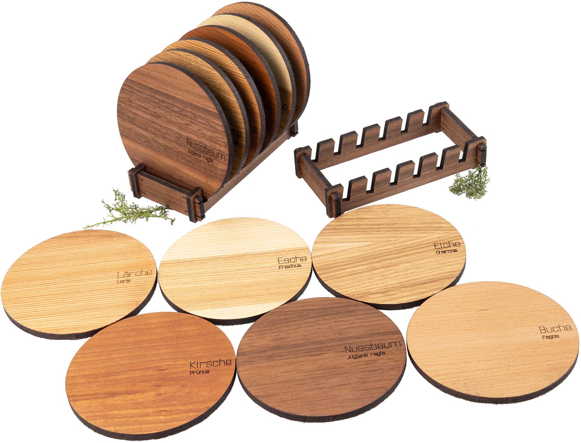 Holz Untersetzer mit Filz Rückseite "Baumarten Set" mit Aufsteller