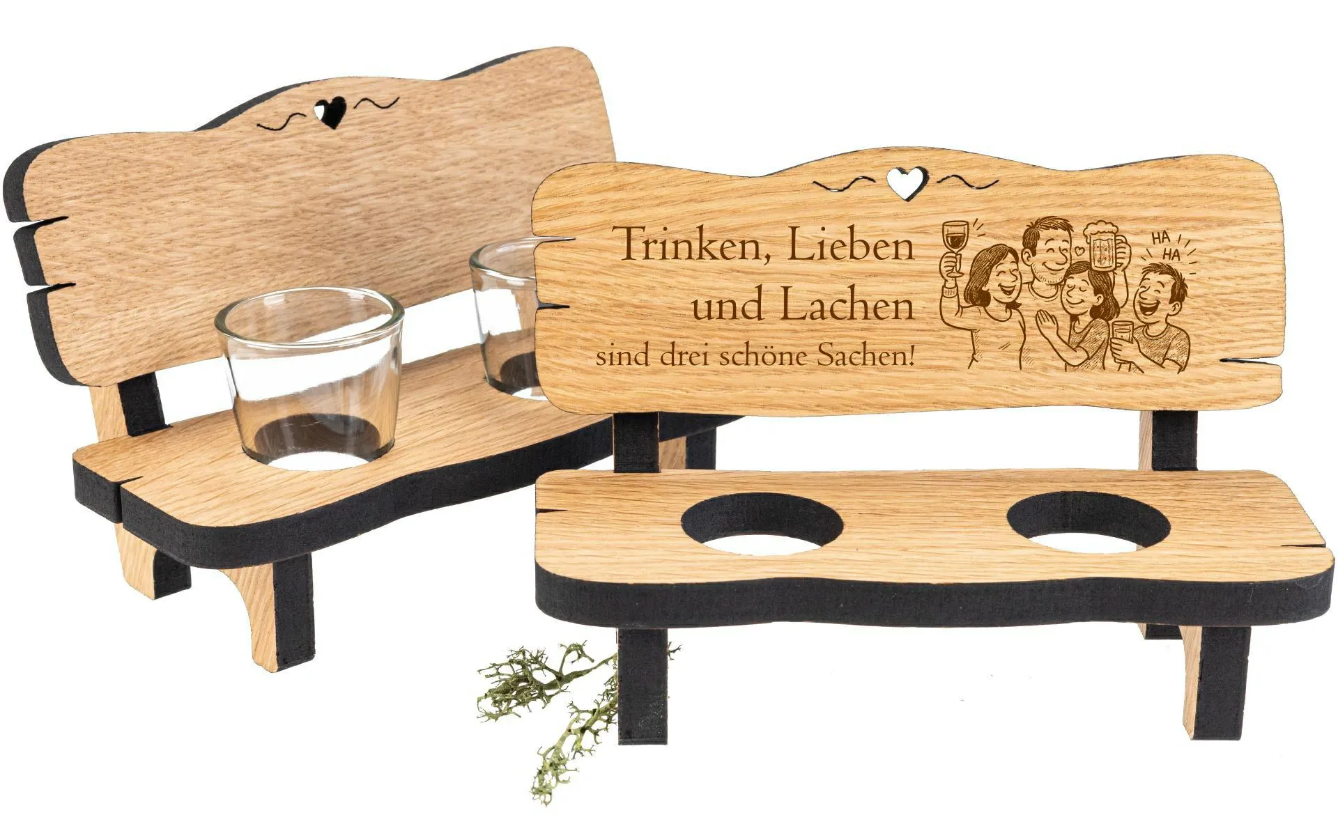 Holz Schnapsbank aus Eiche geölt mit 2 Schnapsgläser - Trinken, Lieben und Lachen sind drei schöne Sachen!