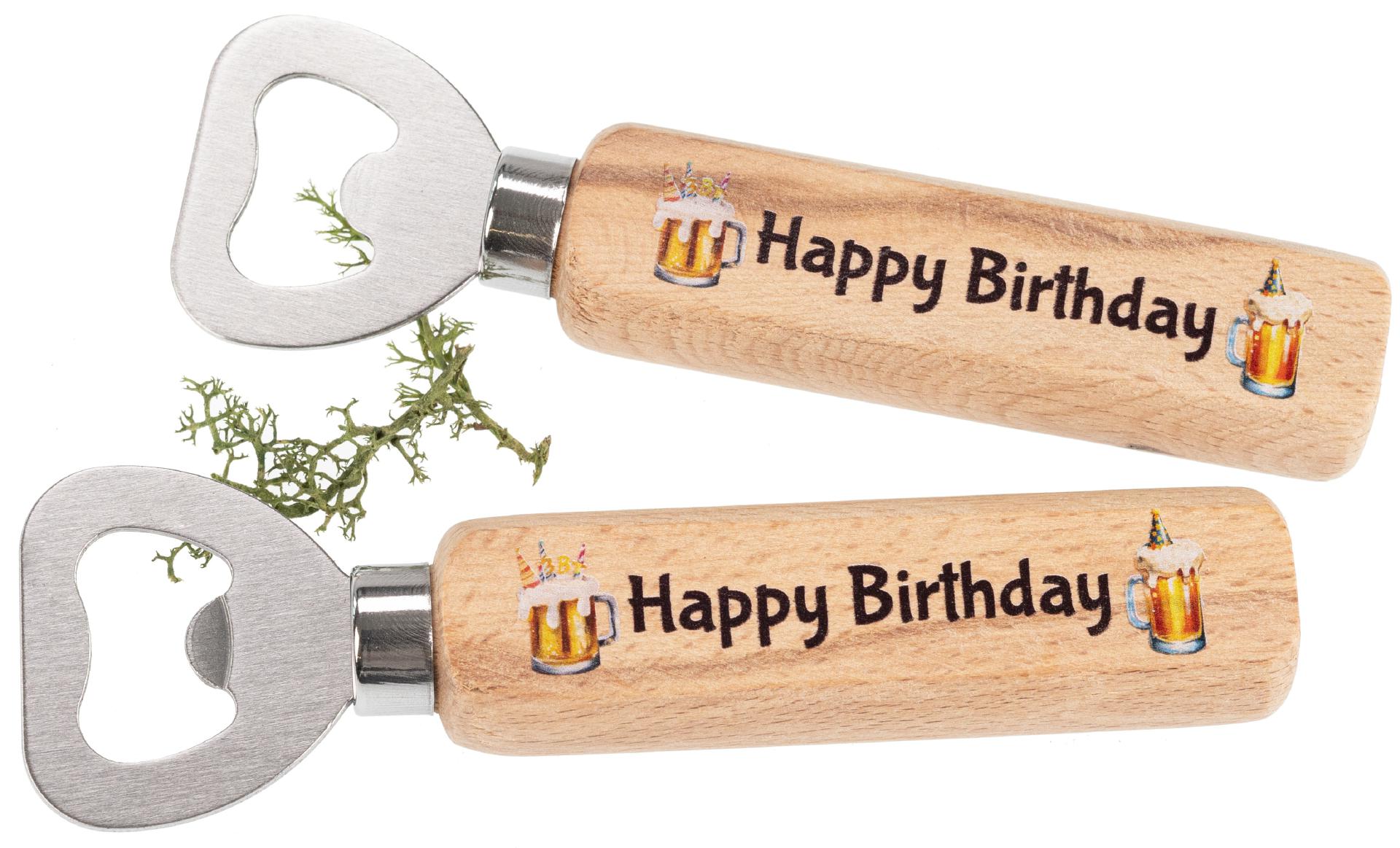 Flaschenöffner aus FSC® Buche mit Druck: Happy Birthday