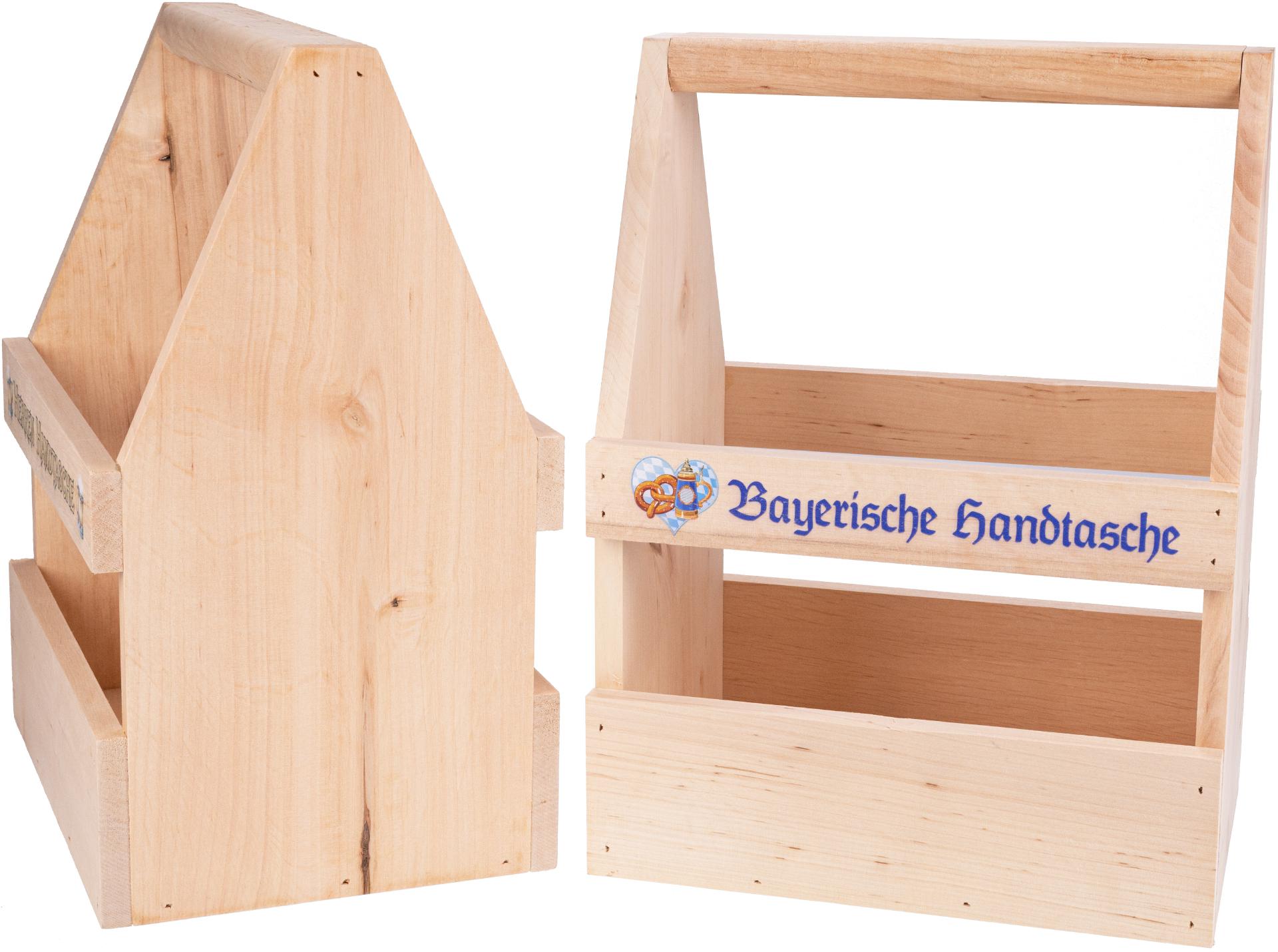 Holz Biertraeger aus Erle mit Bunt Druck: Bayerische Handtasche