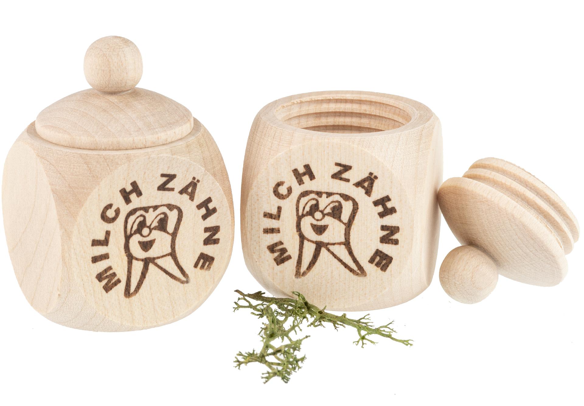 Ahornholz Döschen mit Schraubdeckel 5 x 3 cm mit Druck "Milchzähne"
