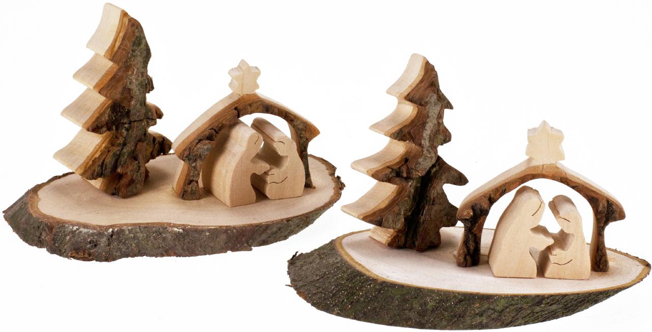 Handgefertigte Weihnachtskrippe auf Rindenscheibe