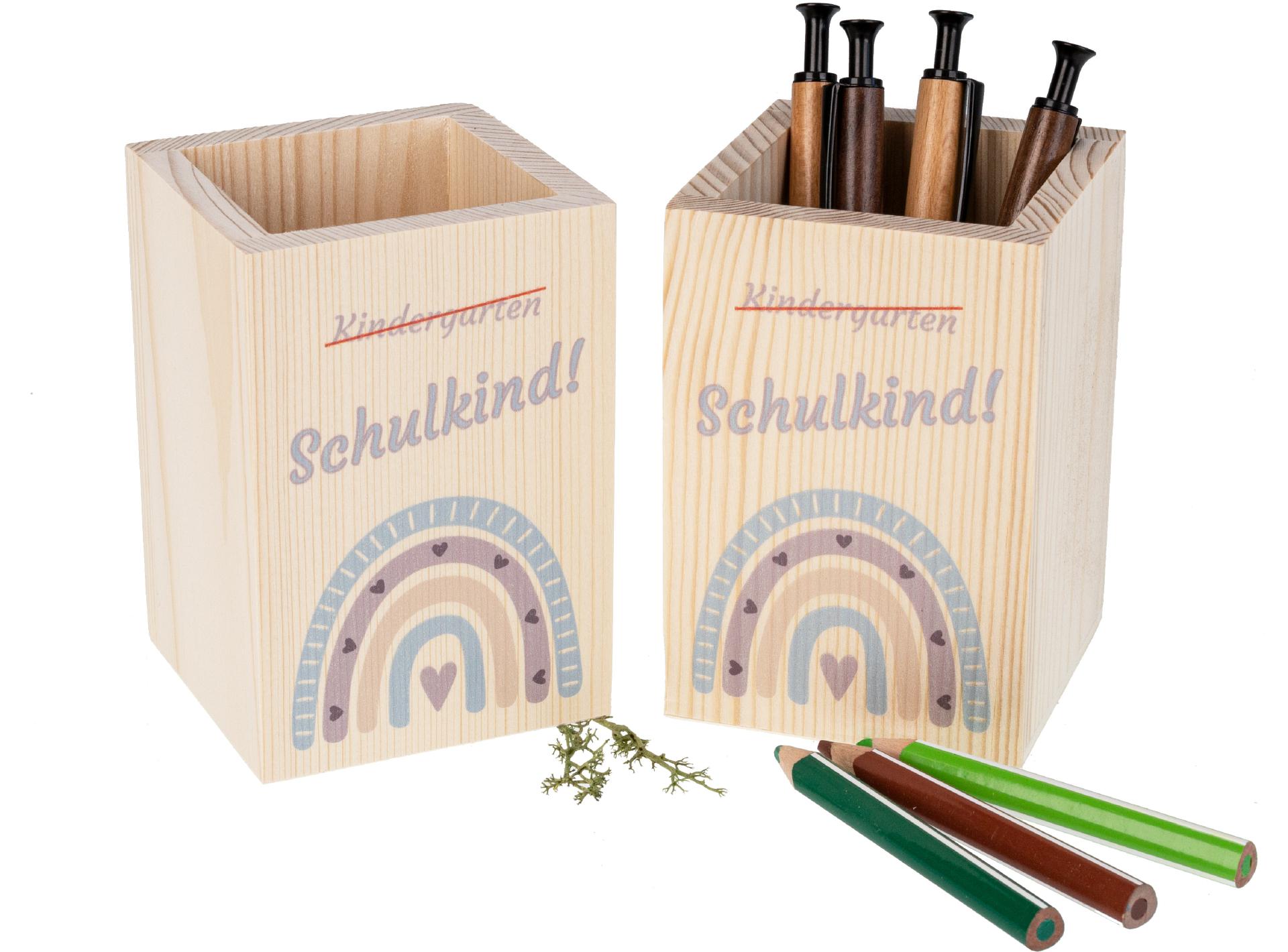 Holz Stiftebox "Schulkind" mit Regenbogenmotiv - Perfekt zur Einschulung