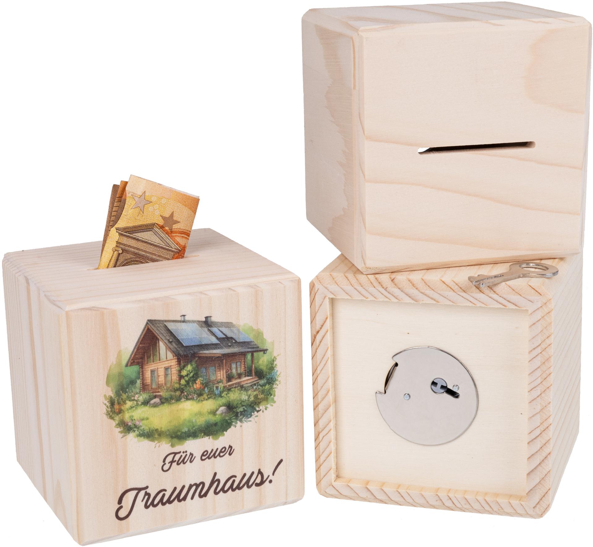 Holz Spardose Wuerfel mit Metallschloss UV Druck: Fuer euer Traumhaus