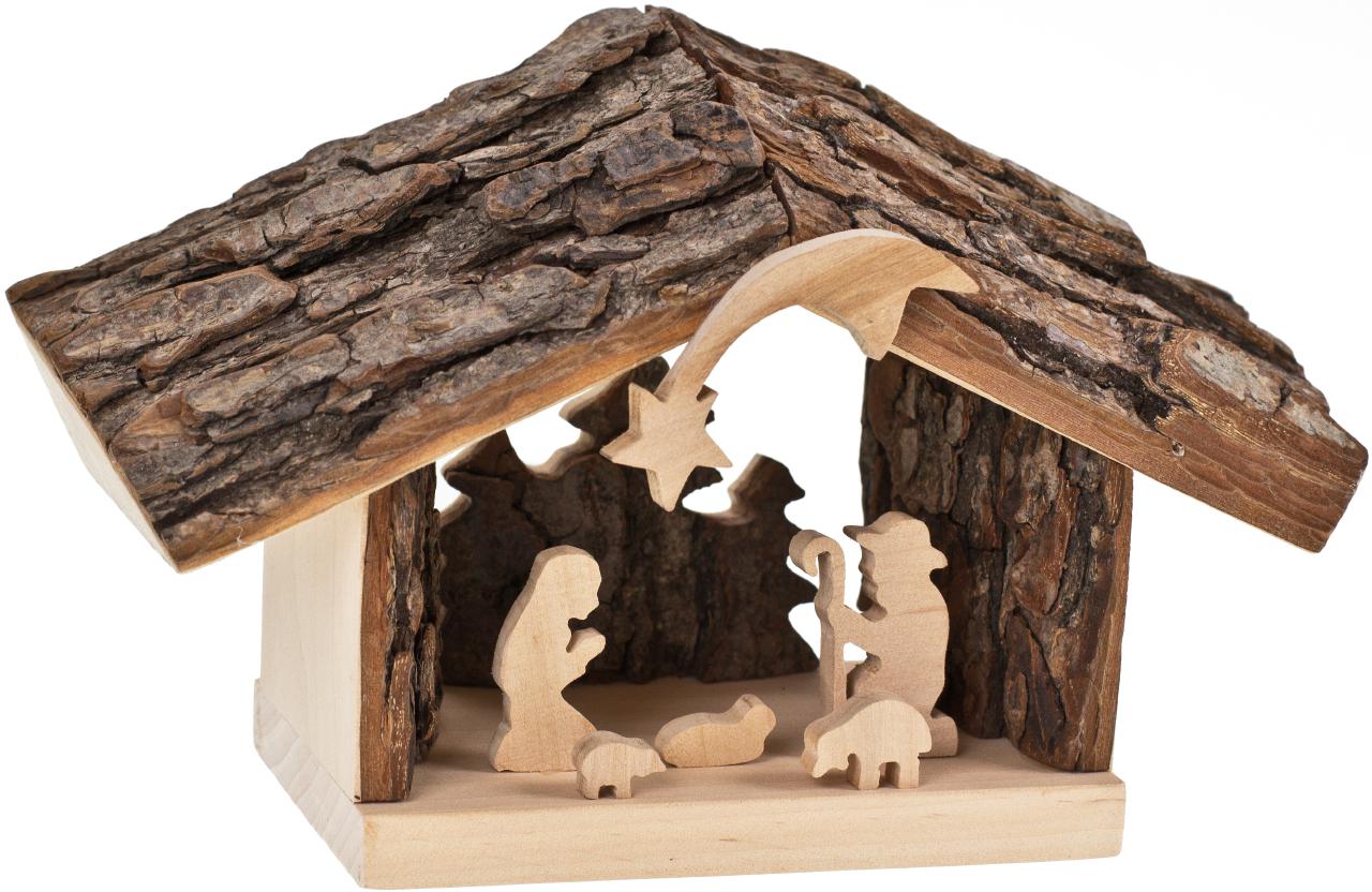 Erlenholz Krippenstall mit Rindendach und Heiliger Familie Handgefertigte Weihnachtskrippe