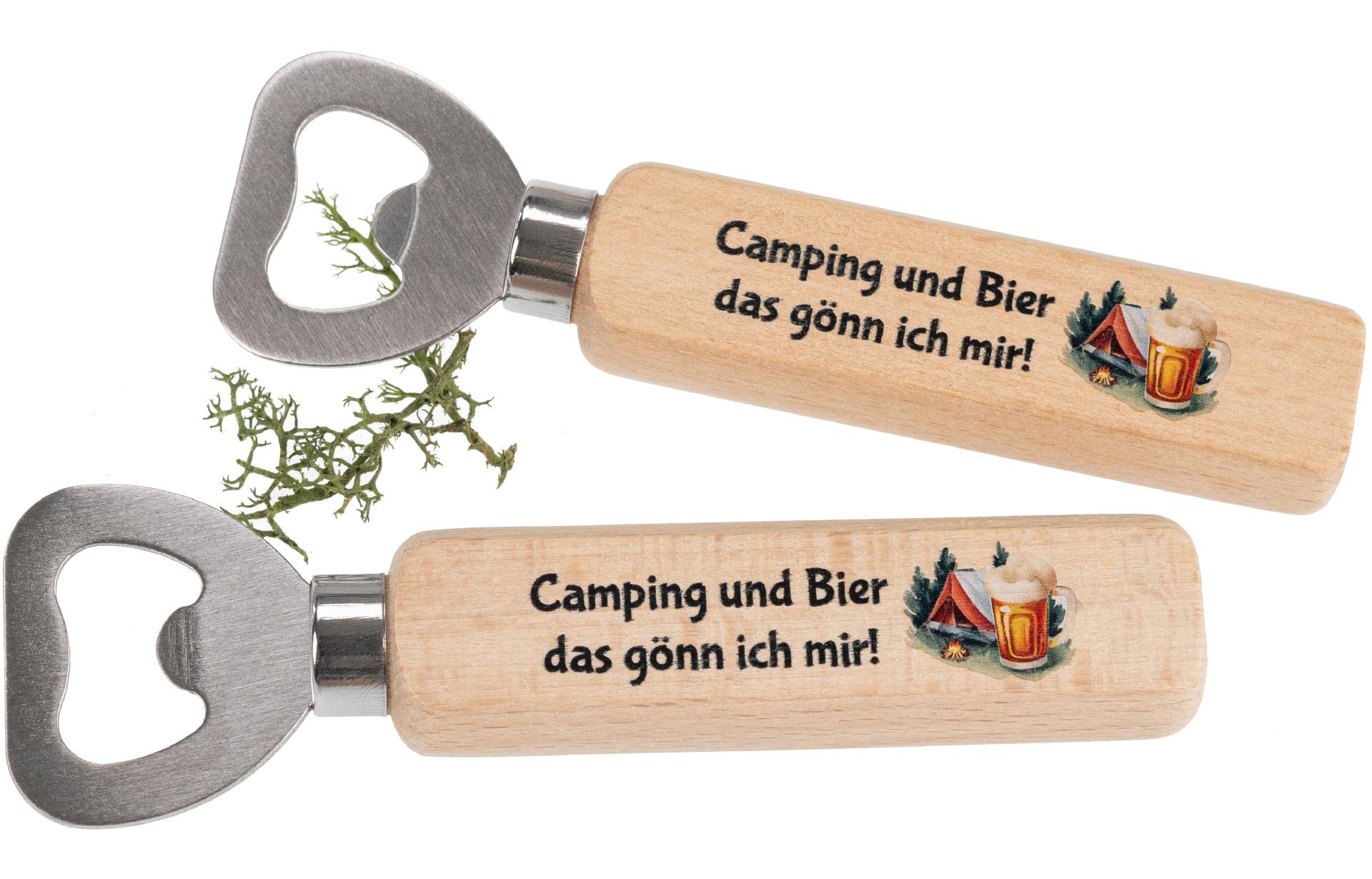 Flaschenöffner aus FSC® Buche mit Druck: Camping und Bier