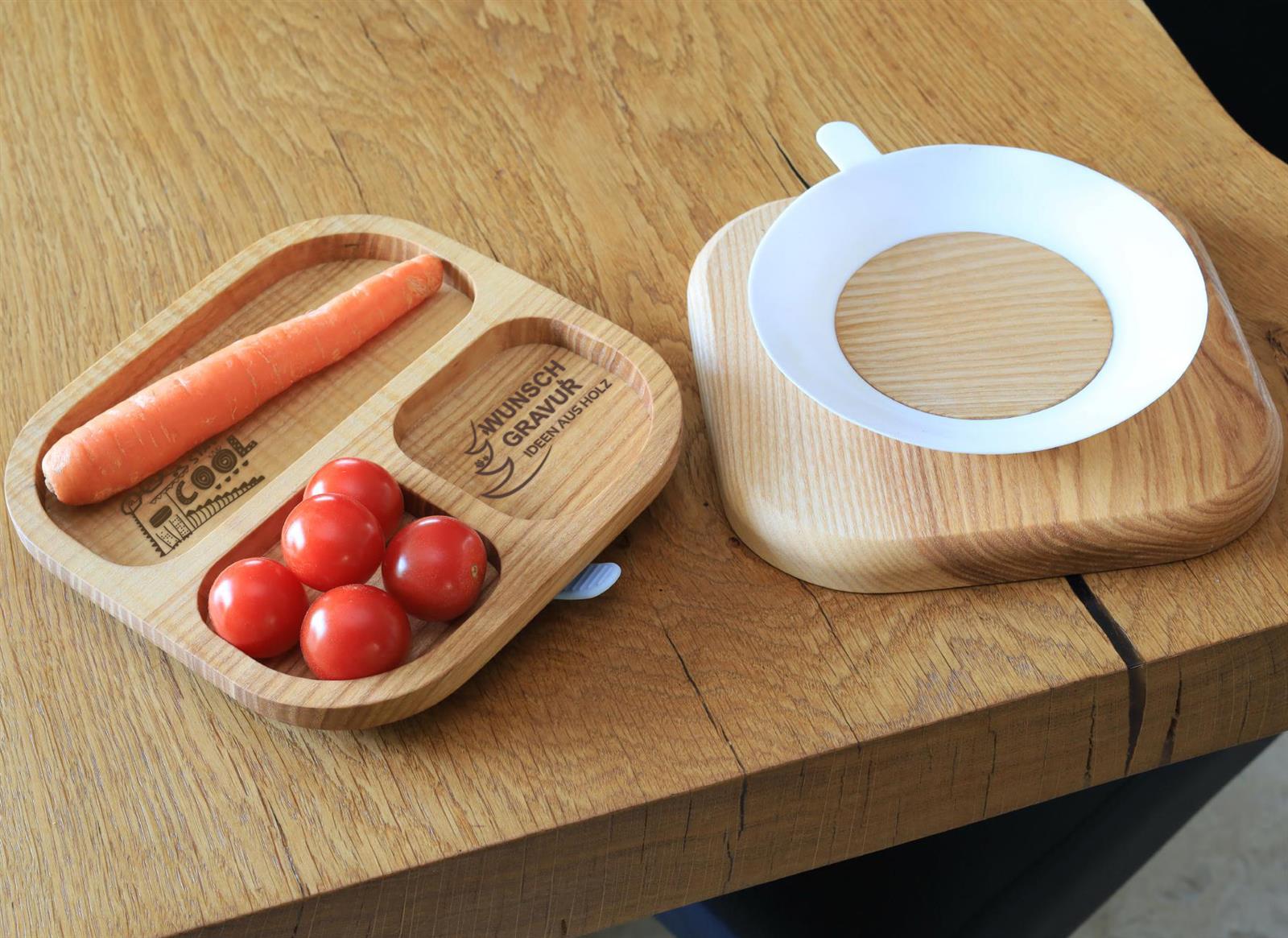 Kinderteller Holz Babyteller Saugnapf und Wunsch Gravur