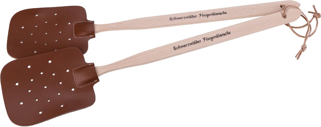 Fliegenklatsche aus Buchenholz und Kunstleder mit Druck: Schwarzwaelder Fliegenklatsche