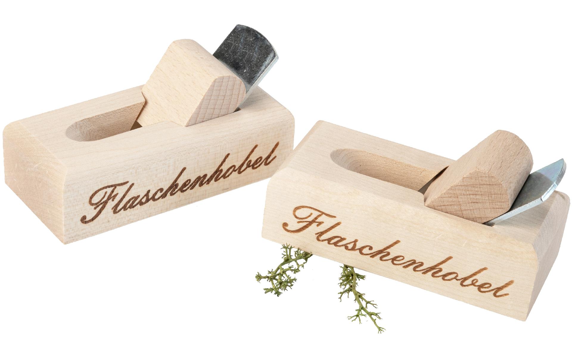Flaschenöffner in Hobelform aus Ahornholz mit "Flaschenhobel" Druck