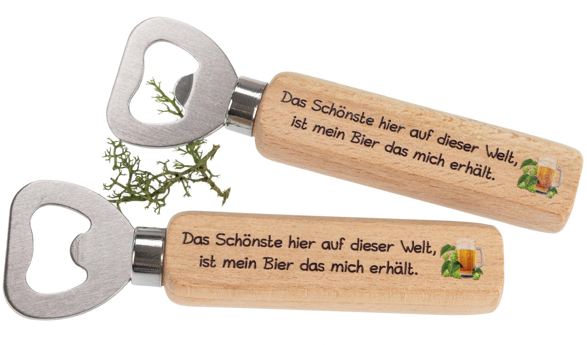Flaschenöffner aus FSC® Buche mit Druck: Das schönste hier auf dieser Welt