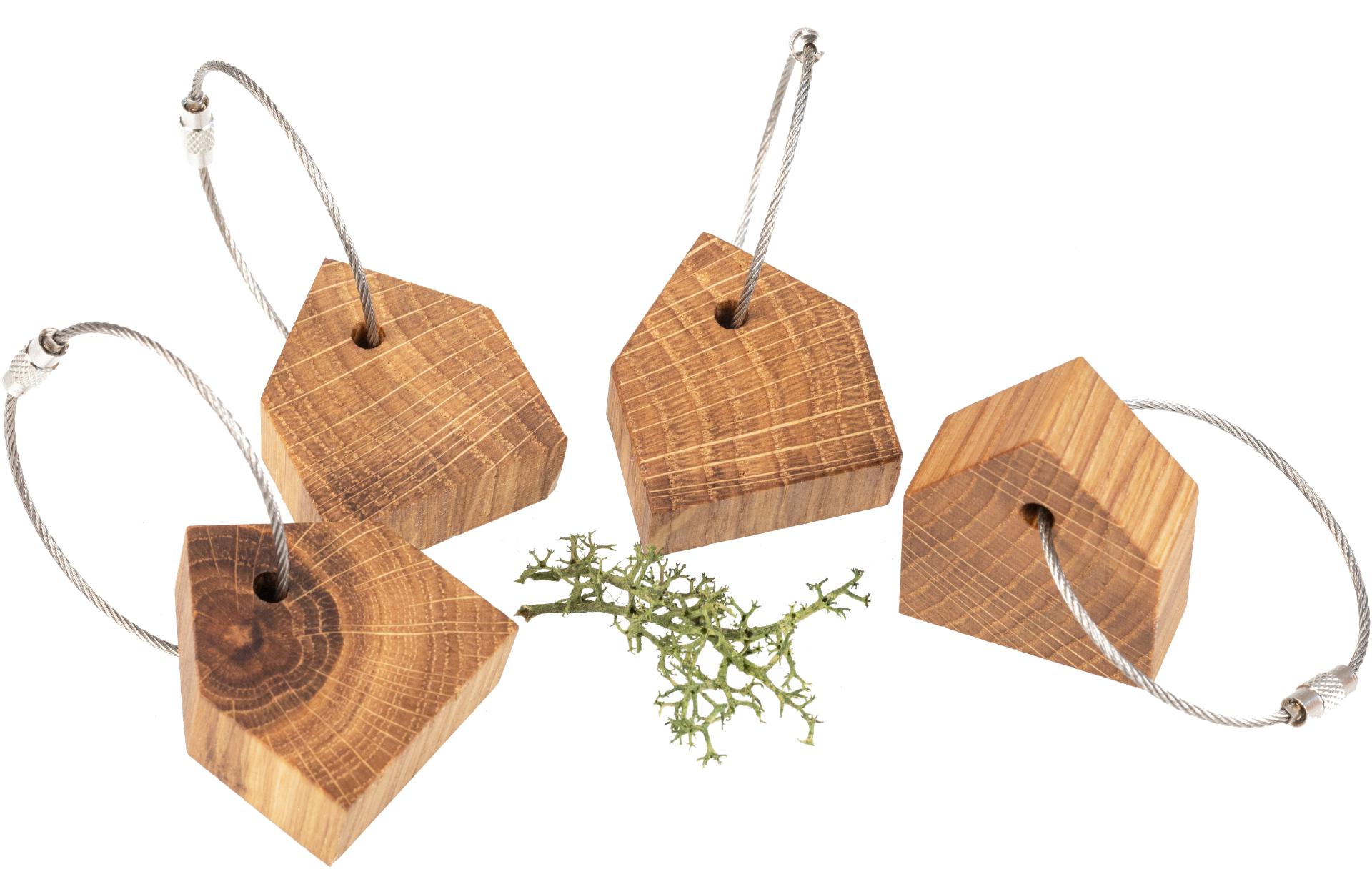 Holz Schlüsselanhänger in schlichter Haus Form aus geölter Eiche 40 x 34 x 15 mm mit Draht Schlüsselring
