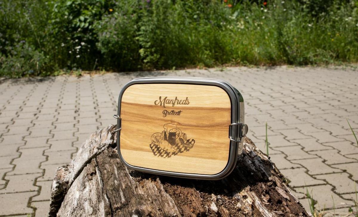 Lunchbox aus Edelstahl und Holz mit individueller Gravur Wander Brotbox mit Namen