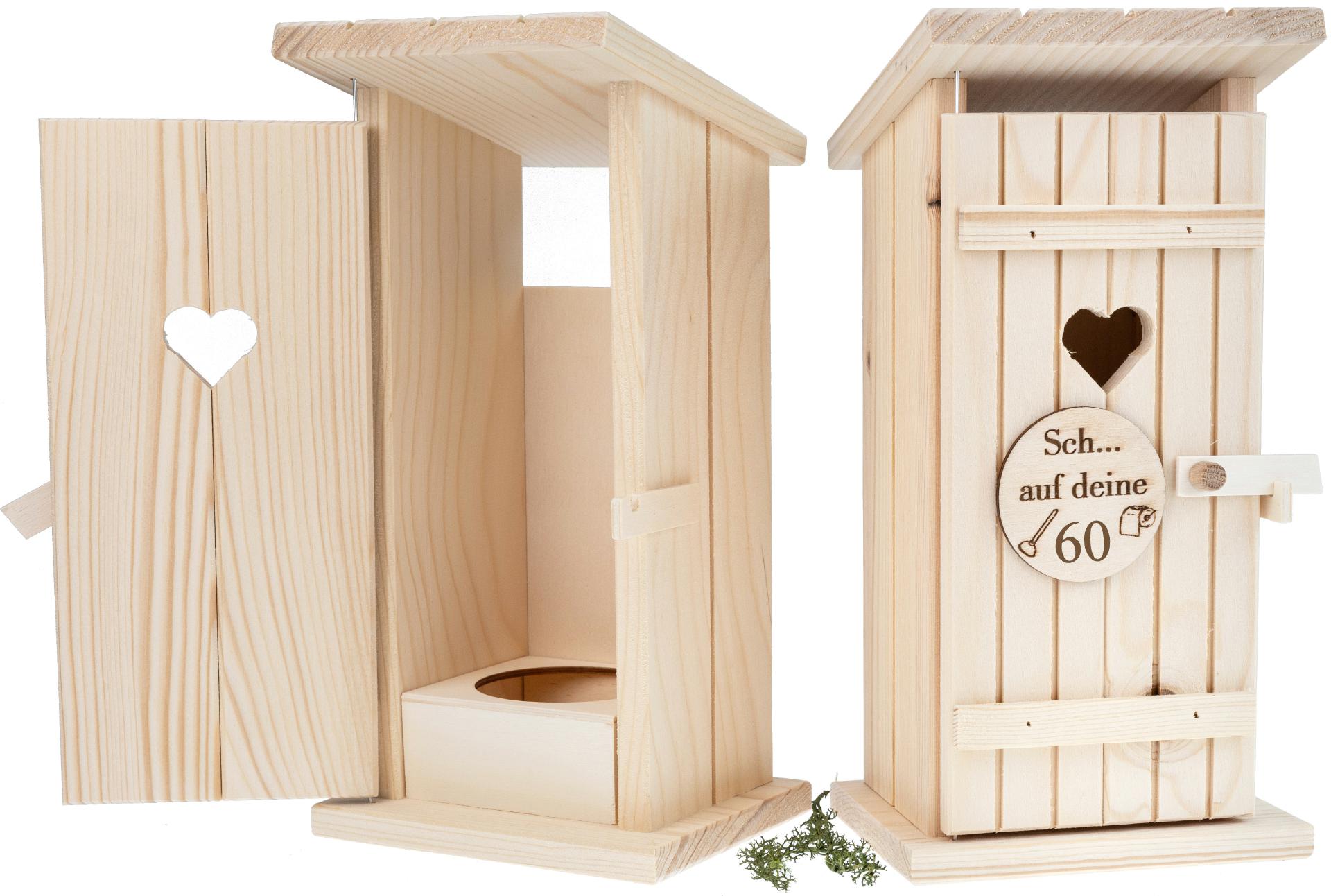 Holz Toilettenhaus mit Platz für Schnapsflasche - mit Stanzling - Gravur: "Sch... auf deine 60"