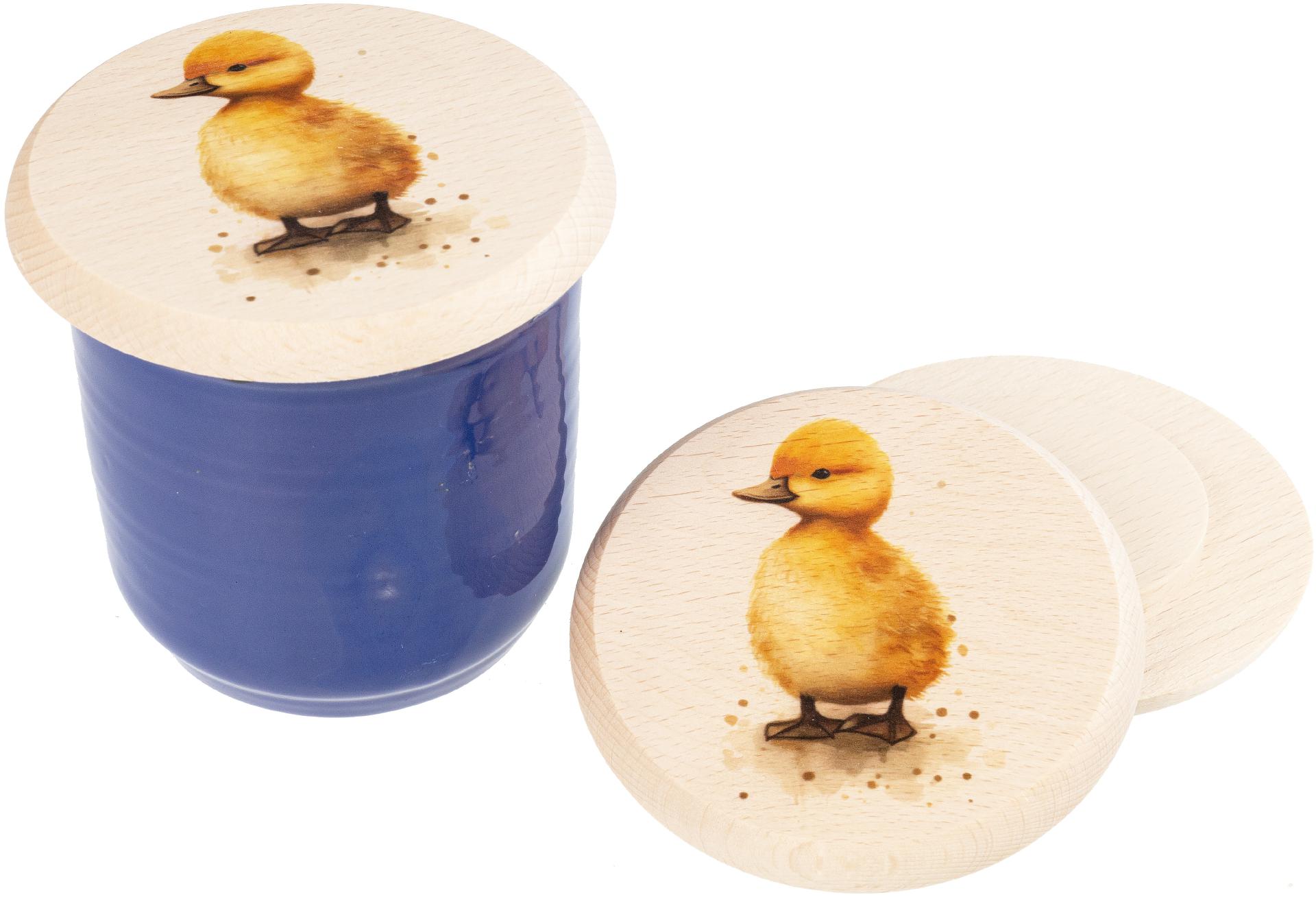 Glasabdeckung aus Buchen Holz fuer Kinder mit buntem Tiermotiv Kuecken