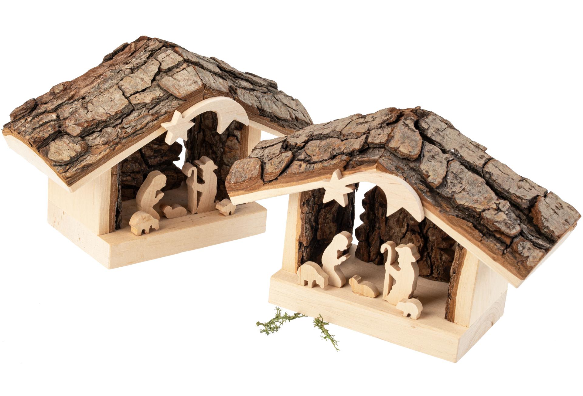 Erlenholz-Krippenstall mit Rindendach und Heiliger Familie - Handgefertigte Weihnachtskrippe