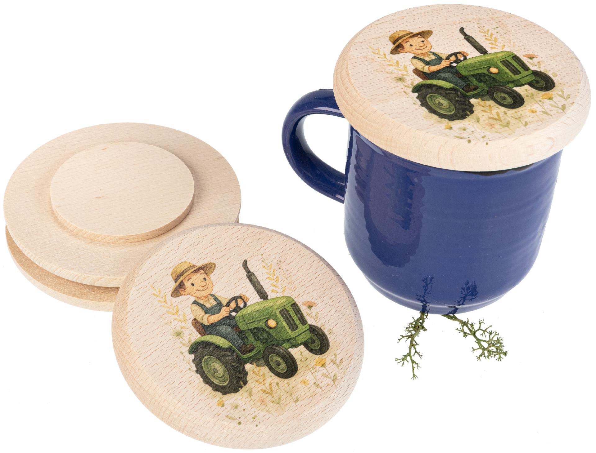 Holz Glasabdeckung aus FSC® Buche für Kinder mit buntem Tiermotiv Traktor