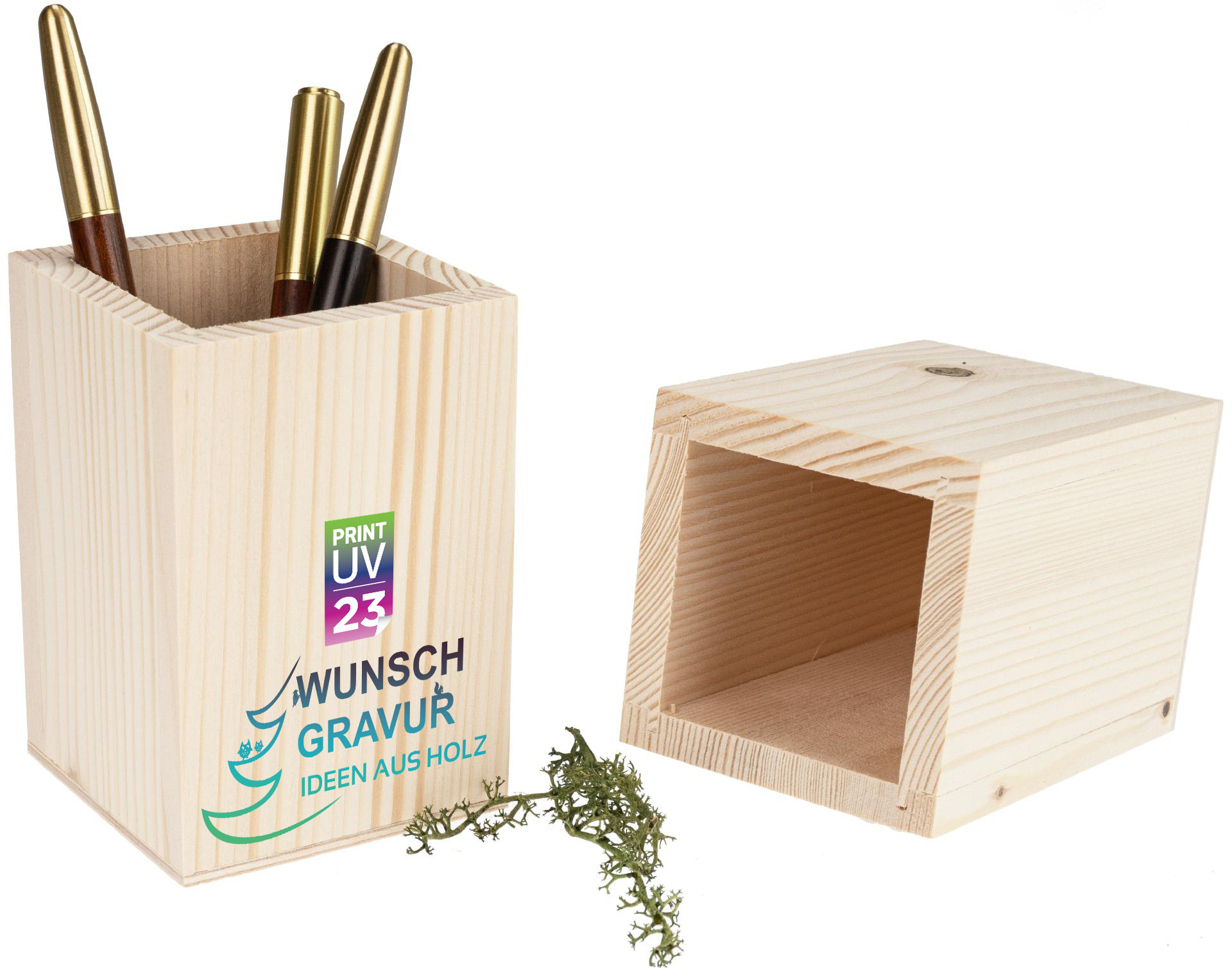 Individualisierte Holz Stiftebox aus Fichte - Holzbox für Schreibutensilien mit buntem Digitaldruck