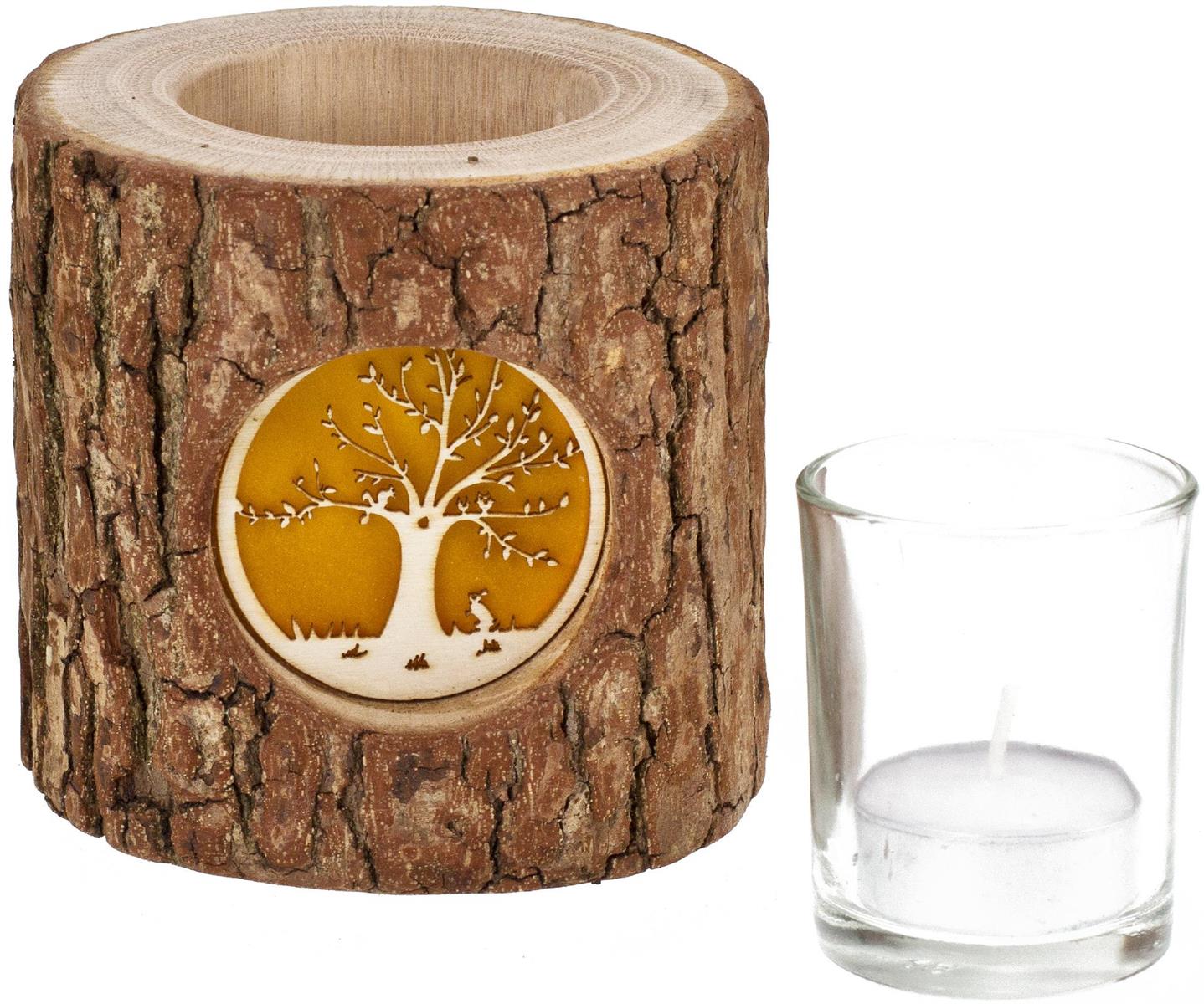Holz Windlicht mit Rinde und hinterleuchteten Motiv Stimmungsleuchter Baum mit Waldtieren
