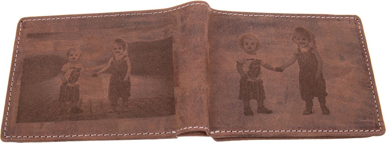 Personalisierter dunkelbrauner Leder Geldbeutel mit Fotogravur Geldboerse mit individueller Wunschgravur