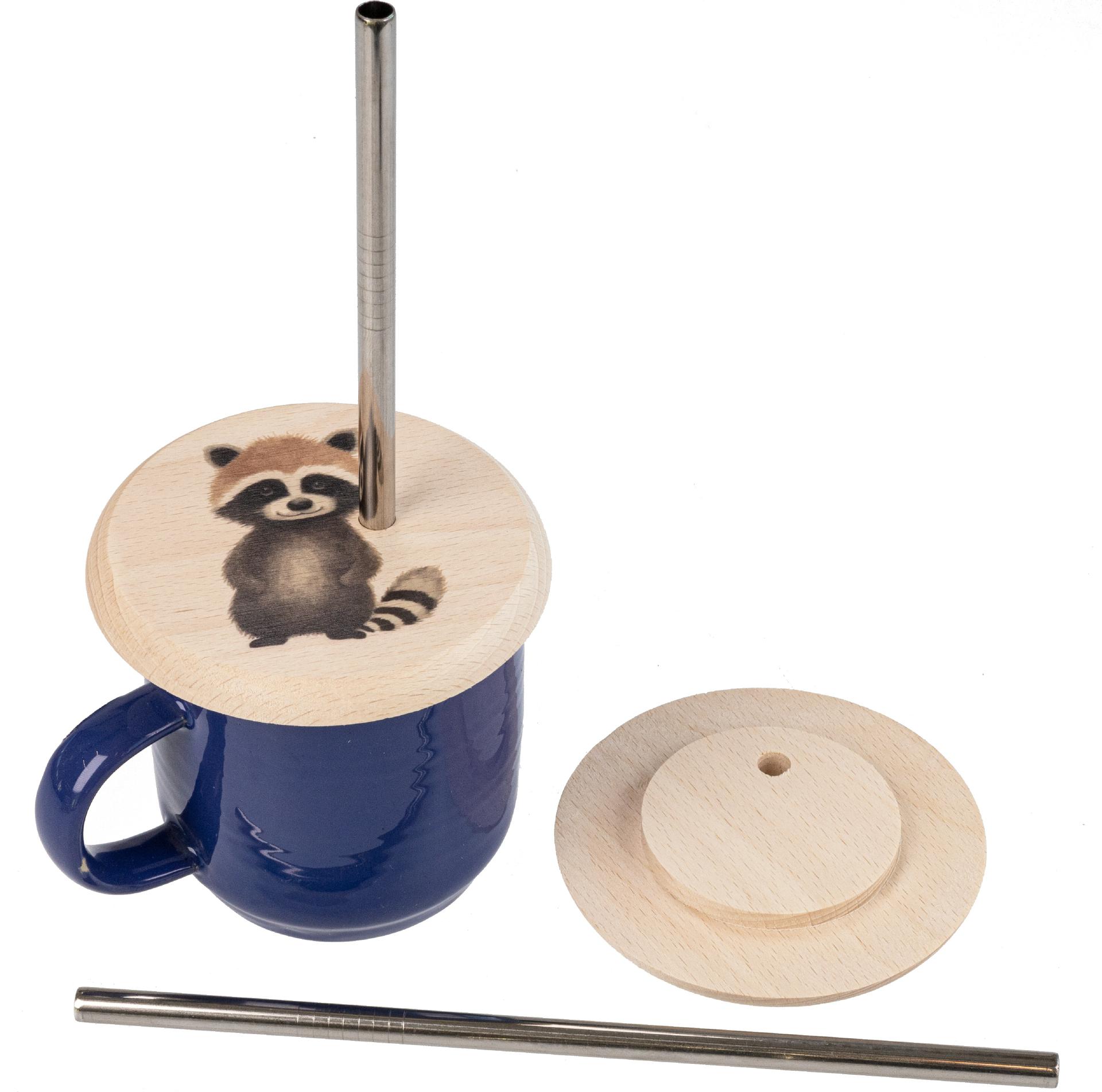 Glasabdeckung Buchen Holz mit VA Strohhalm mit buntem Tiermotiv Waschbaer