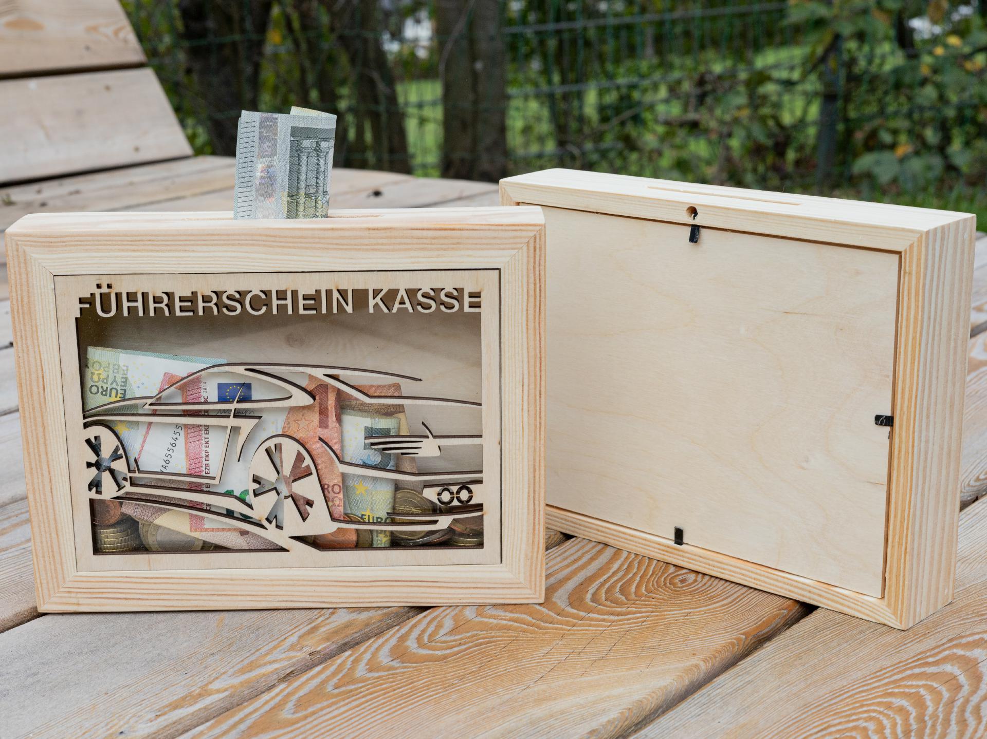 Holz Spardose Bilderrahmen mit Muenzschlitz und Glas Einsatz Die perfekte Sparkasse fuer den Fuehrerschein