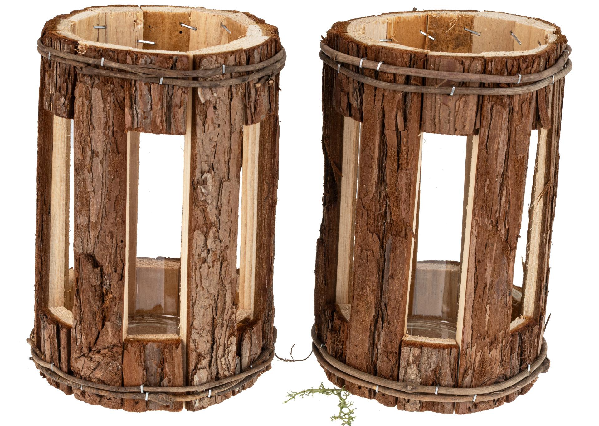 Rustikale Holz Laterne mit Rinde und Glaszylinder - Ausschnitt Rund 18x12 cm