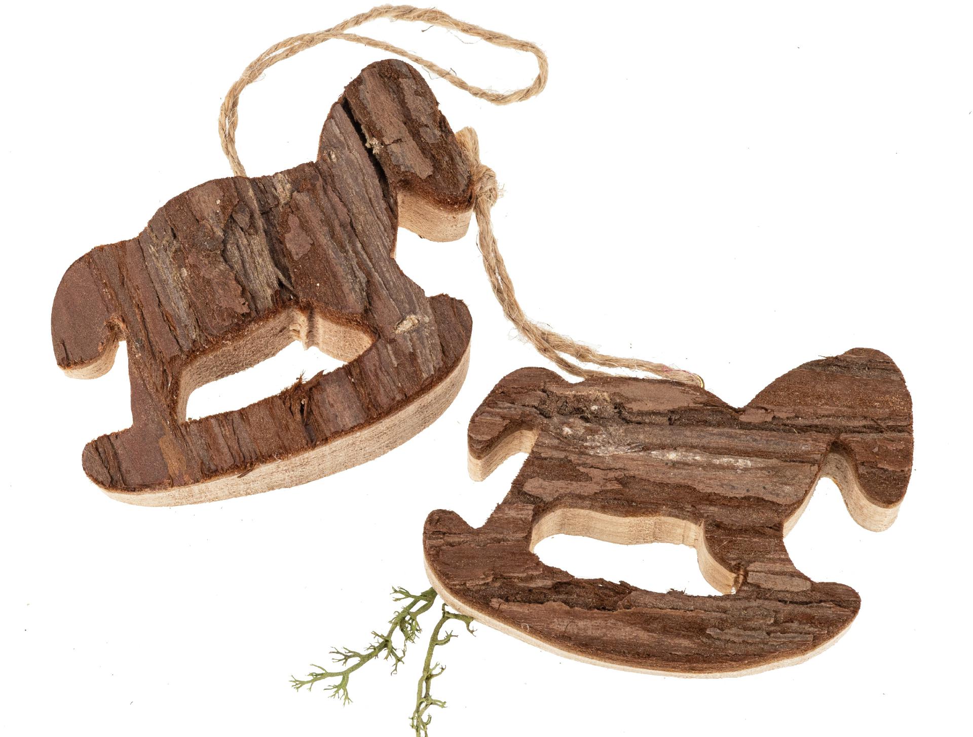 Weihnachtsanhänger mit Rinde - Schaukelpferd-Design - 8 x 6 cm, Baumschmuck aus Holz