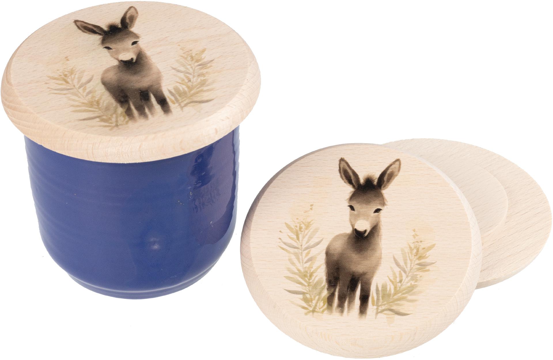 Glasabdeckung aus Buchen Holz fuer Kinder mit buntem Tiermotiv Esel