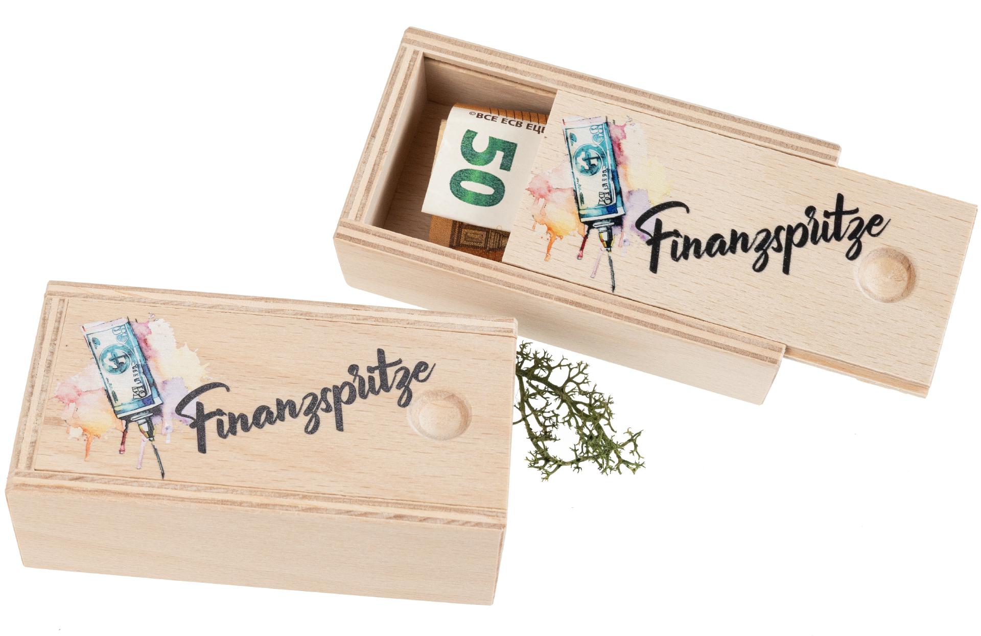 Holz Box perfekt für Geldgeschenke bedruckt mit "Finanzspritze"