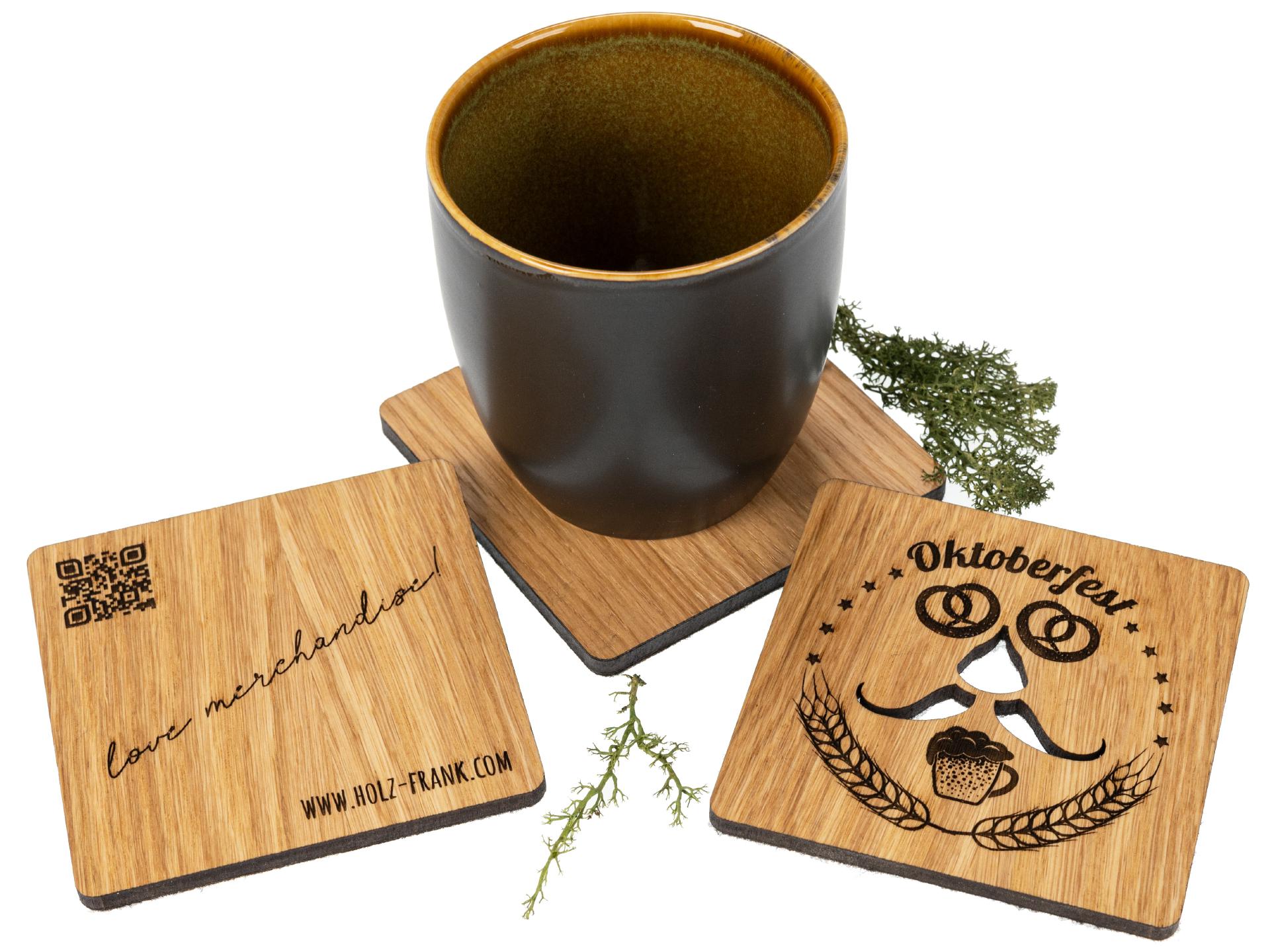 Personalisierte Holz Untersetzer aus FSC® Eiche geölt mit Laser Gravur bis 80 cm² Laser Schnitt bis 40 cm² 