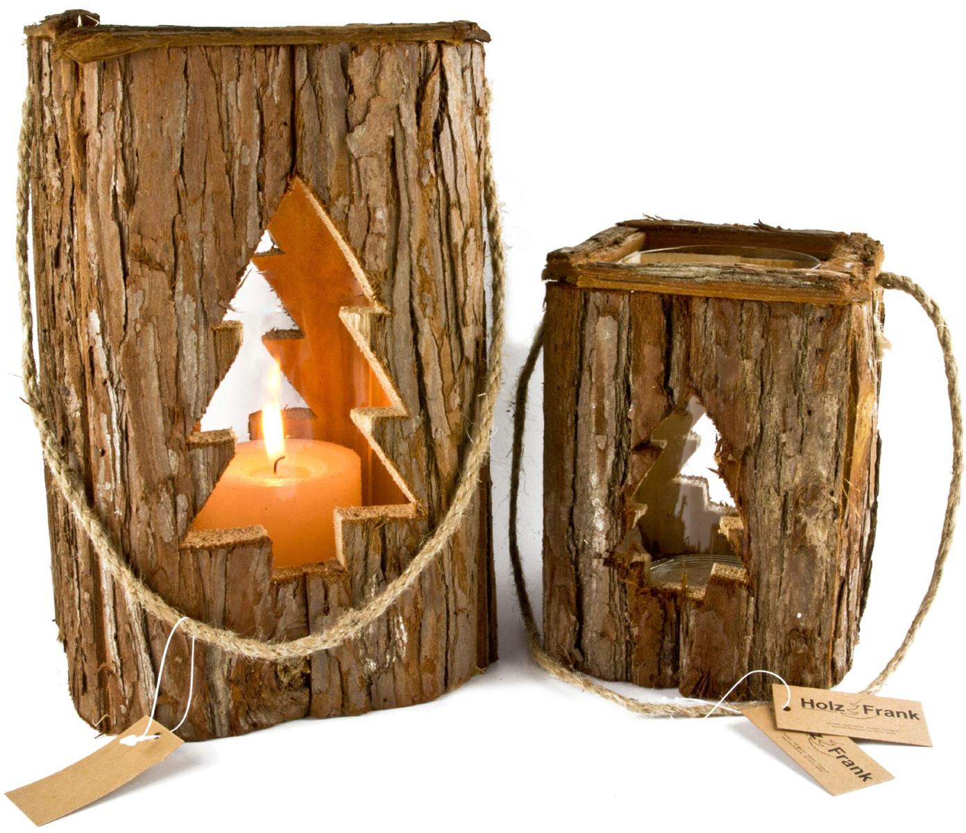 Rustikale Holz Laterne mit Rinde und Glaszylinder Ausschnitt Tanne