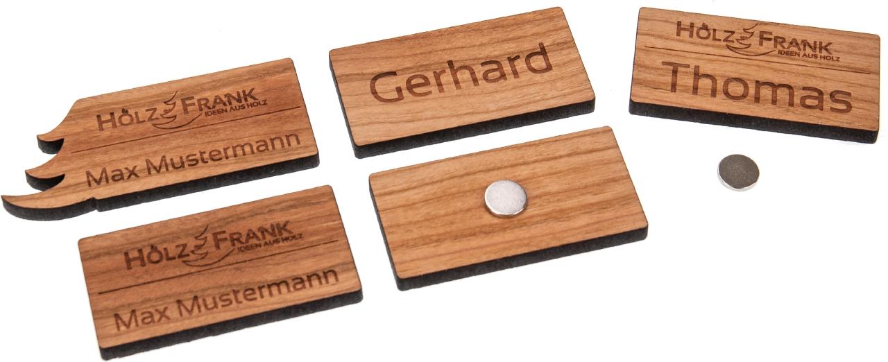Magnetische Namensschilder aus geoeltem Kirschholz mit zwei Magneten