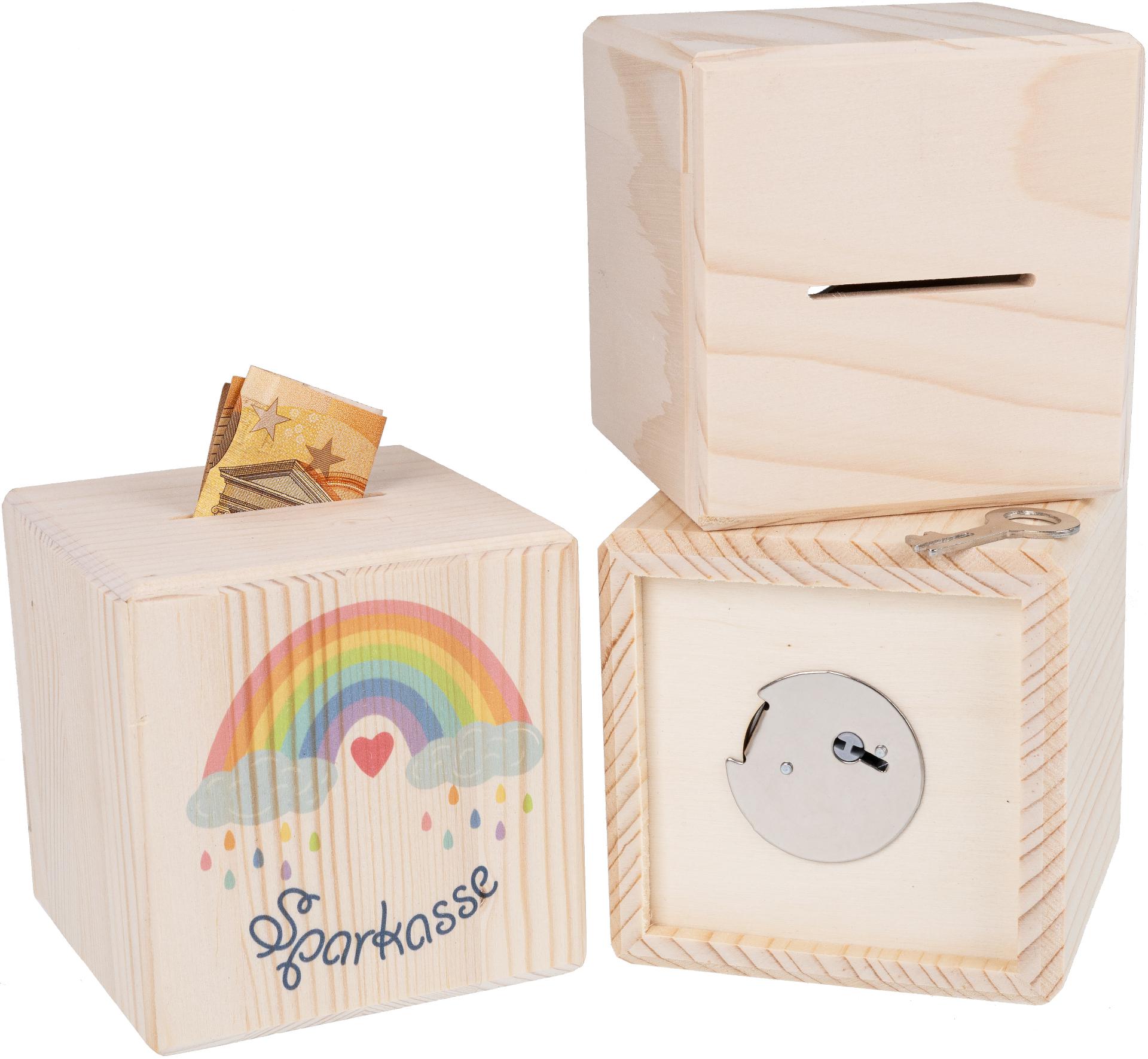 Holz Spardose Wuerfel mit Metallschloss UV Druck Regenbogen fuer Kinder