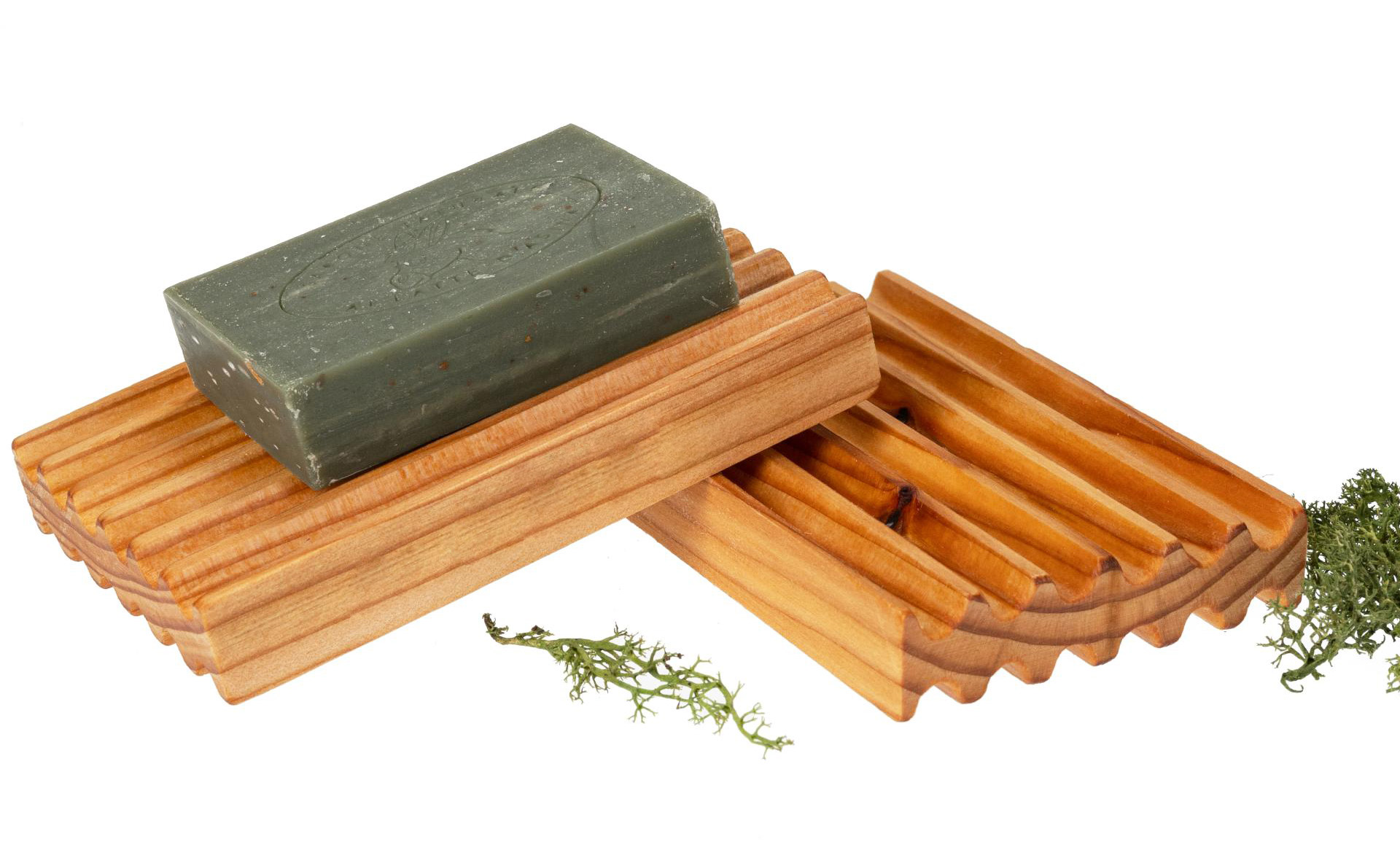 Lärchenholz Seifenhalter Set mit Oliven Naturseife mit Eselmilch - umweltfreundliches Badzubehör für Naturliebhaber