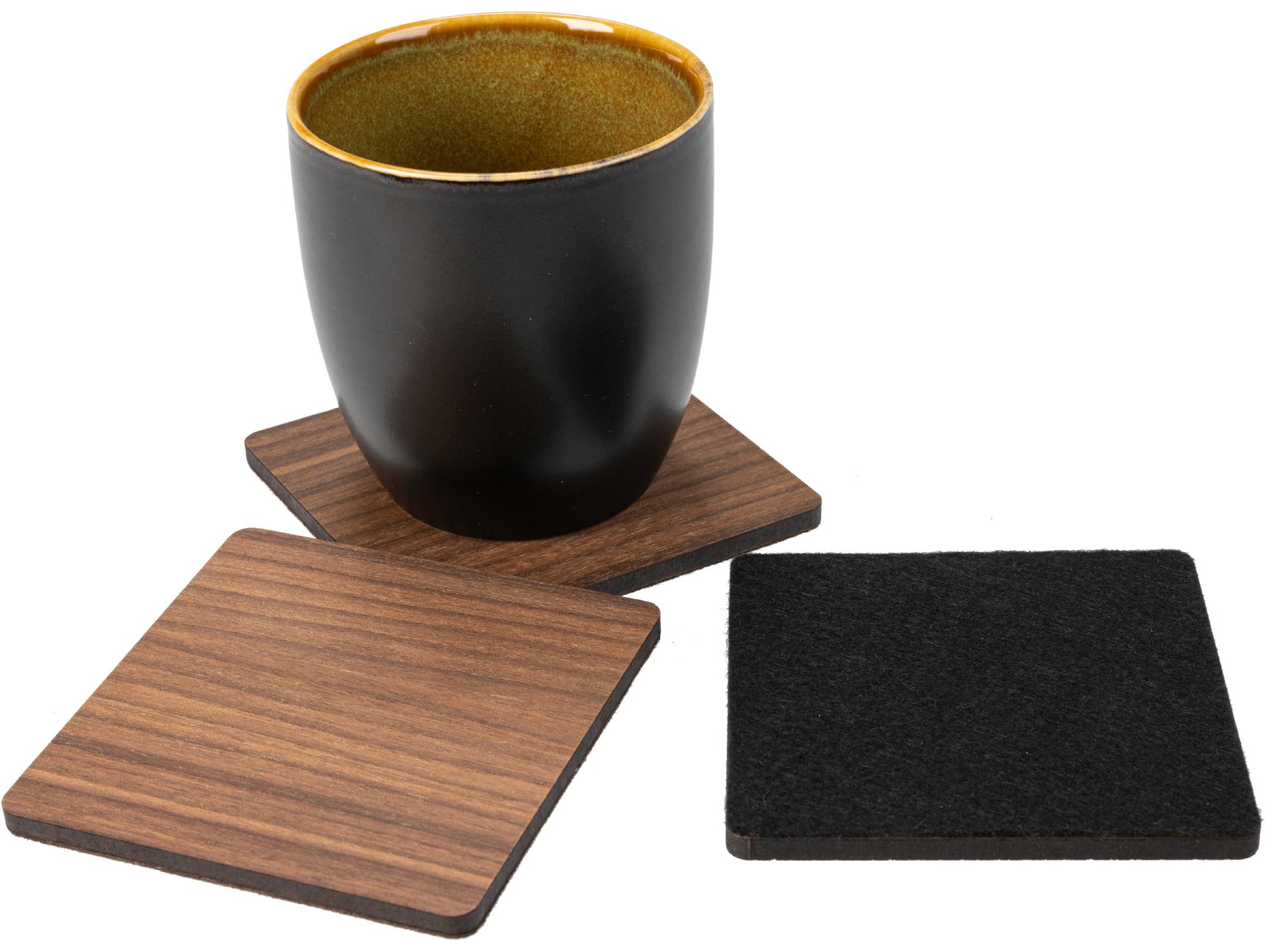 Holz Untersetzer mit Filzrücken aus Nussbaum geölt mit MDF Kern 10 x 10 x 0,5 cm