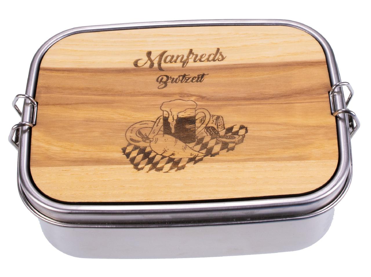 Lunchbox aus Edelstahl und Holz mit individueller Gravur Brotzeit Brotbox mit Namen