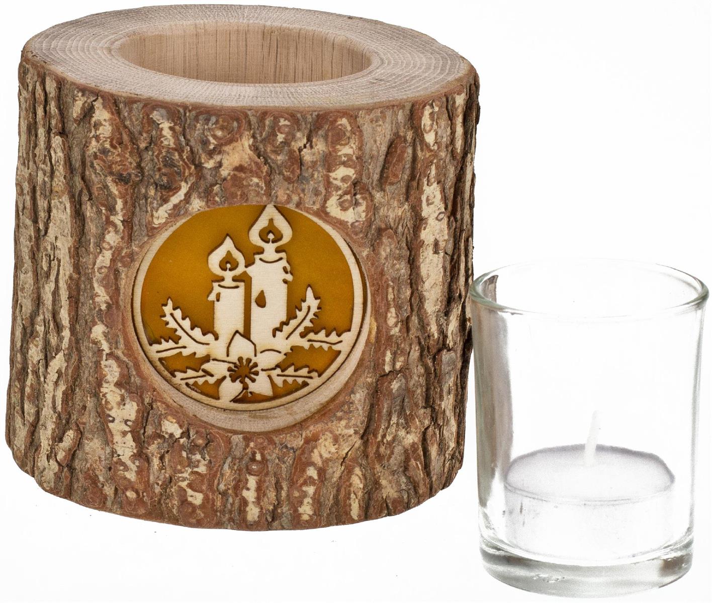 Holz Windlicht mit Rinde und hinterleuchteten Motiv Stimmungsleuchter Kerzen