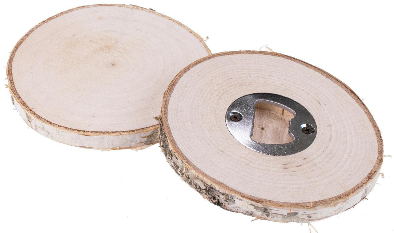 Holz Untersetzer mit Flaschenoeffner aus Birke mit Rinde