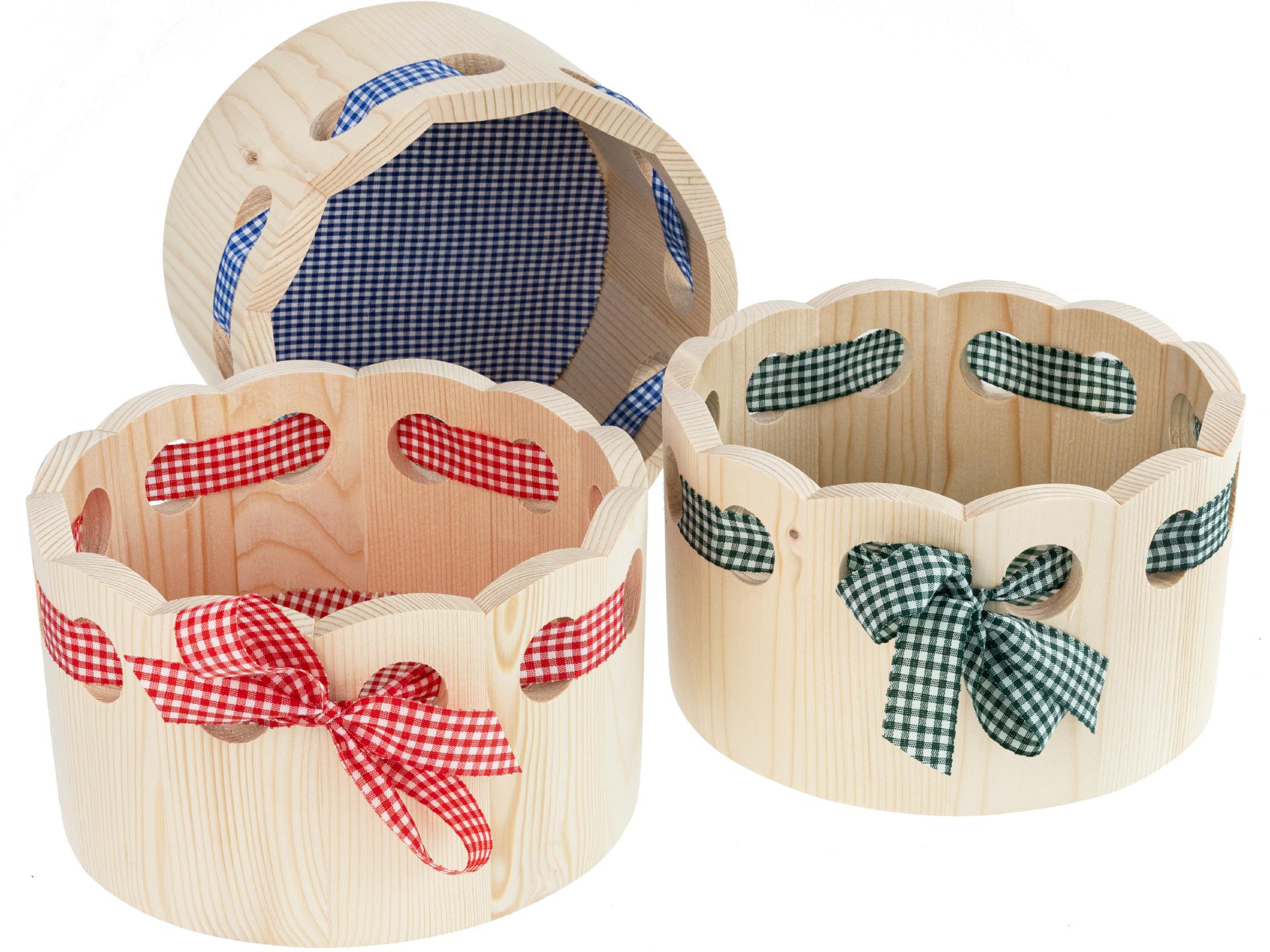 Holz Brotkorb rund 21x12,5 cm mit Band und Stoff | blau/weiß