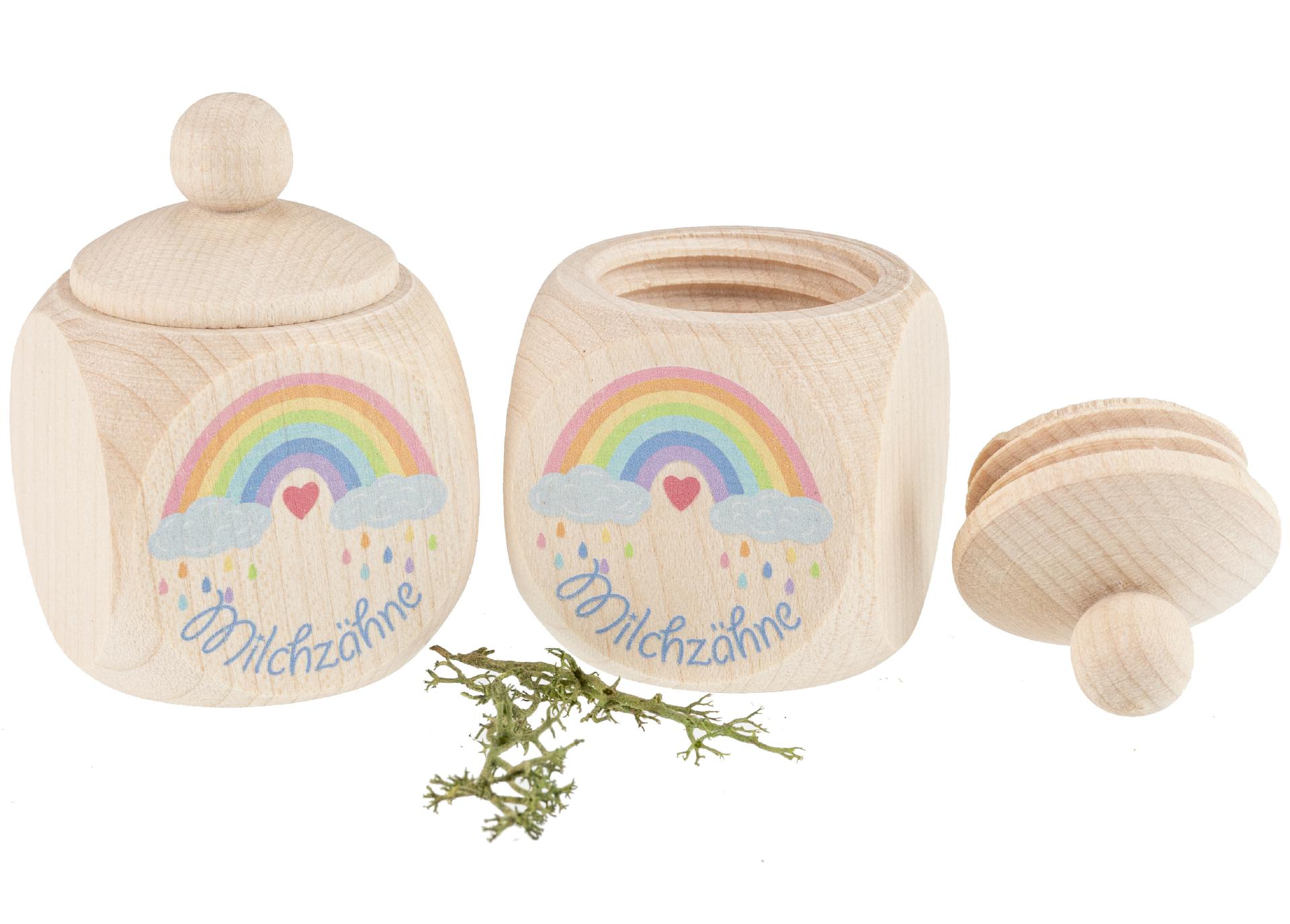 Ahornholz Milchzahndose mit Regenbogen Buntdruck – Aufbewahrung von Kinderzähnen