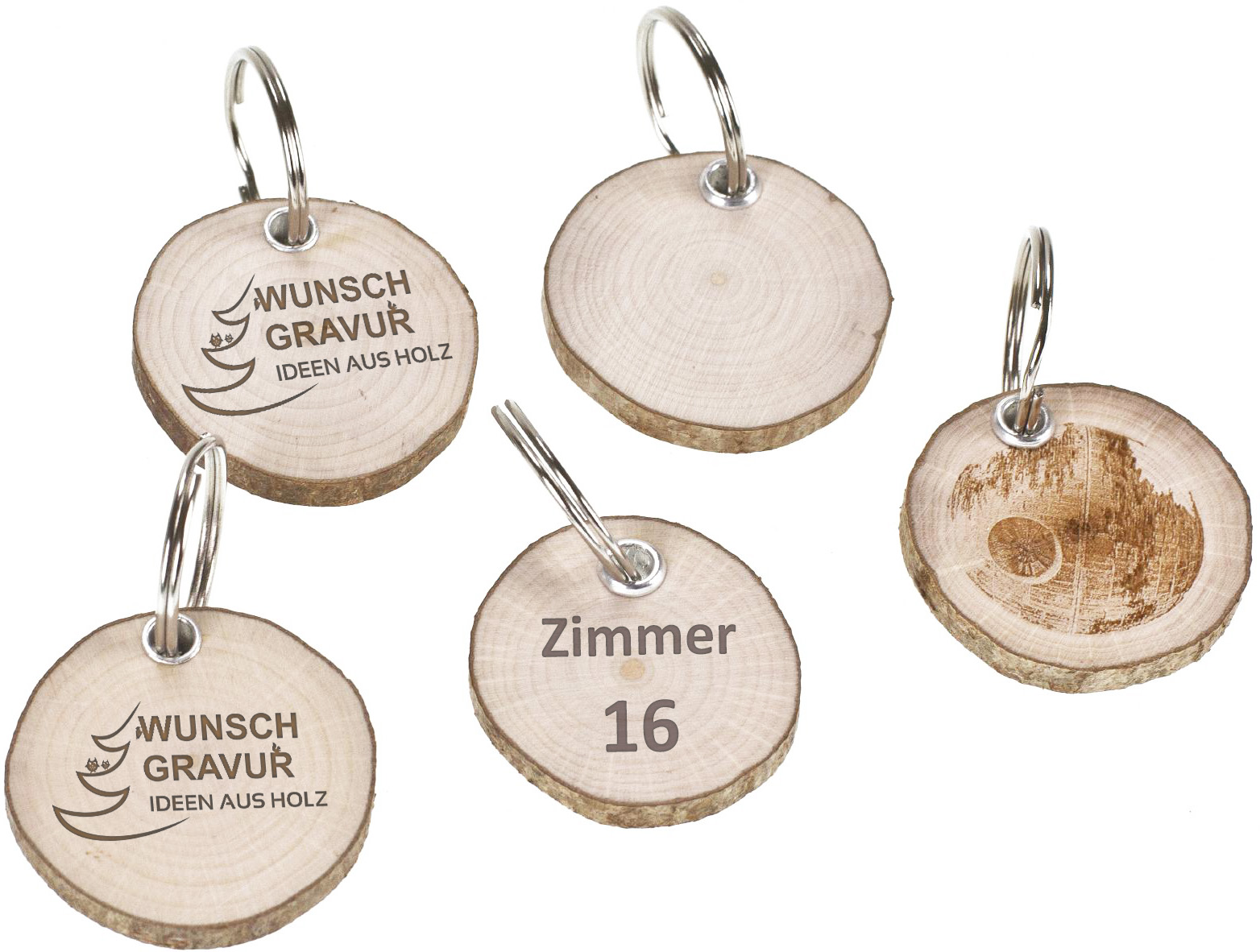 Personalisierter Holz Schluesselanhaenger mit Rinde und Lasergravur