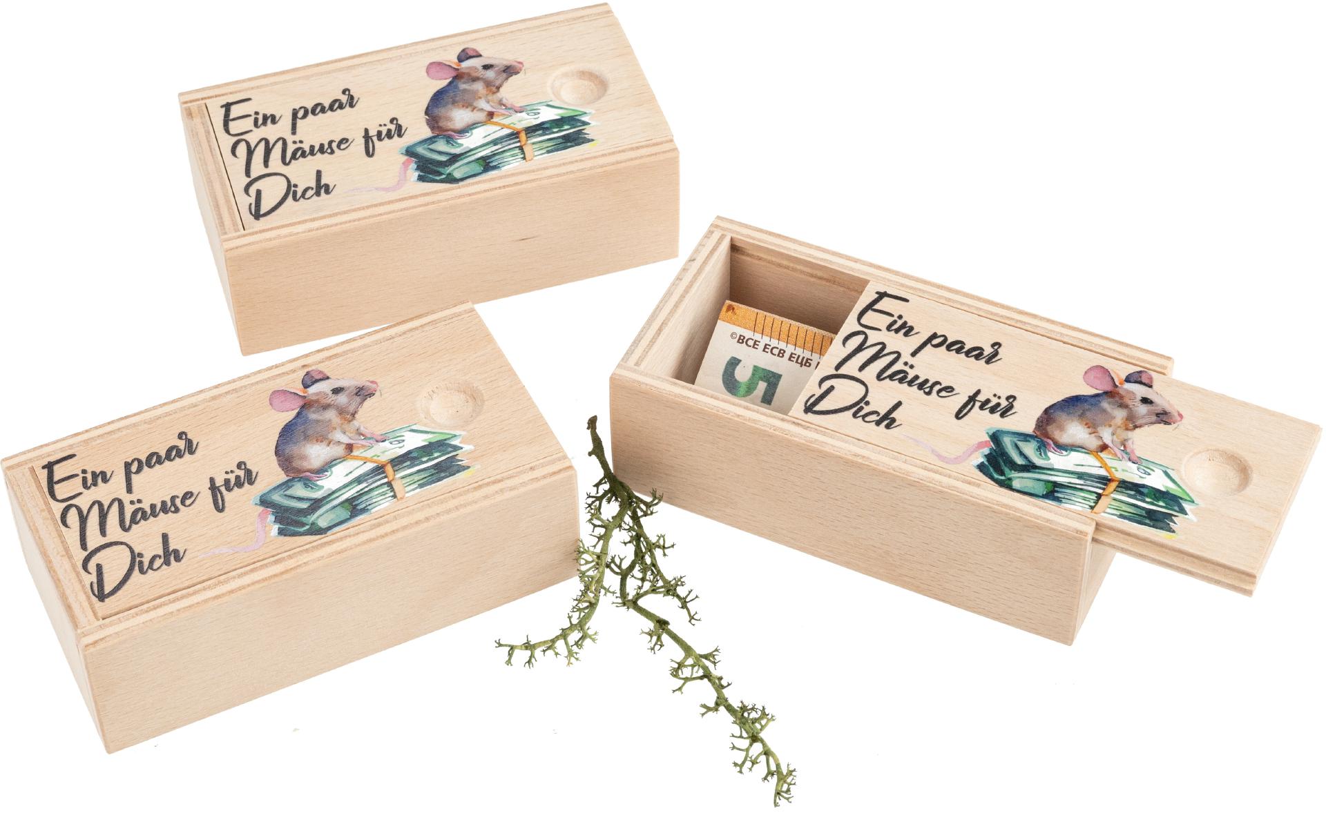 Holz Box perfekt für Geldgeschenke bedruckt mit "Ein paar Mäuse für dich" mit kleiner Maus