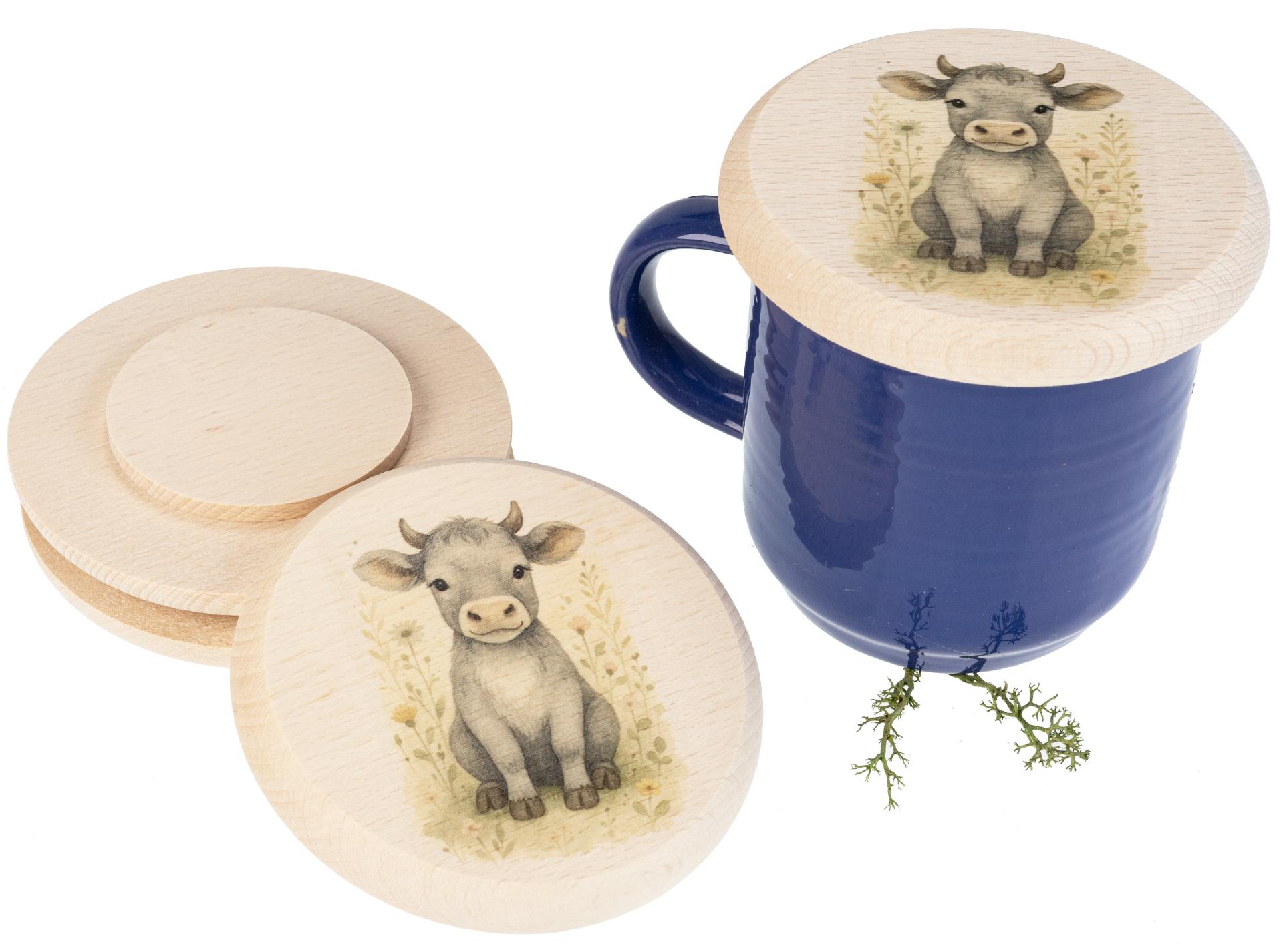 Holz Glasabdeckung aus FSC® Buche für Kinder mit buntem Tiermotiv Kuh