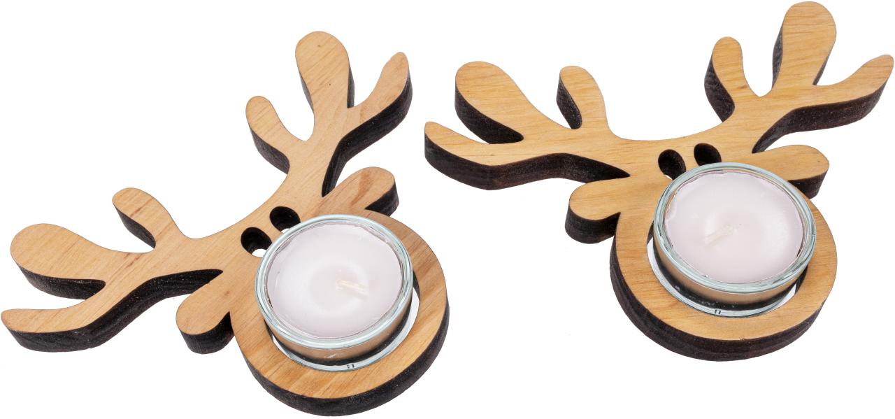 Teelichthalter aus Erlenholz mit Glaseinsatz Weihnachtsdeko Hirschkopf