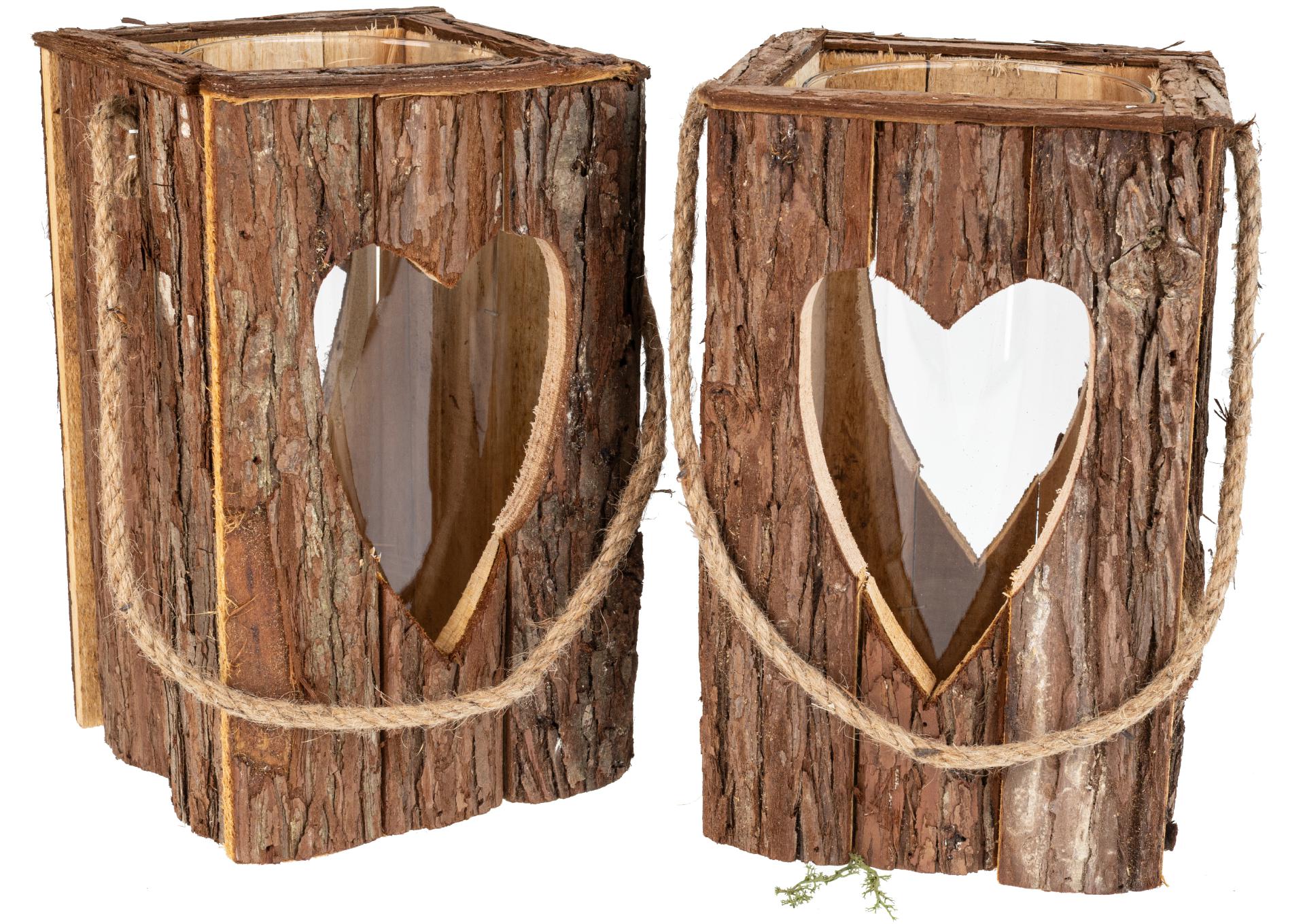 Rustikale Holz Laterne mit Rinde und Glaszylinder - Ausschnitt Herz 27x16 cm